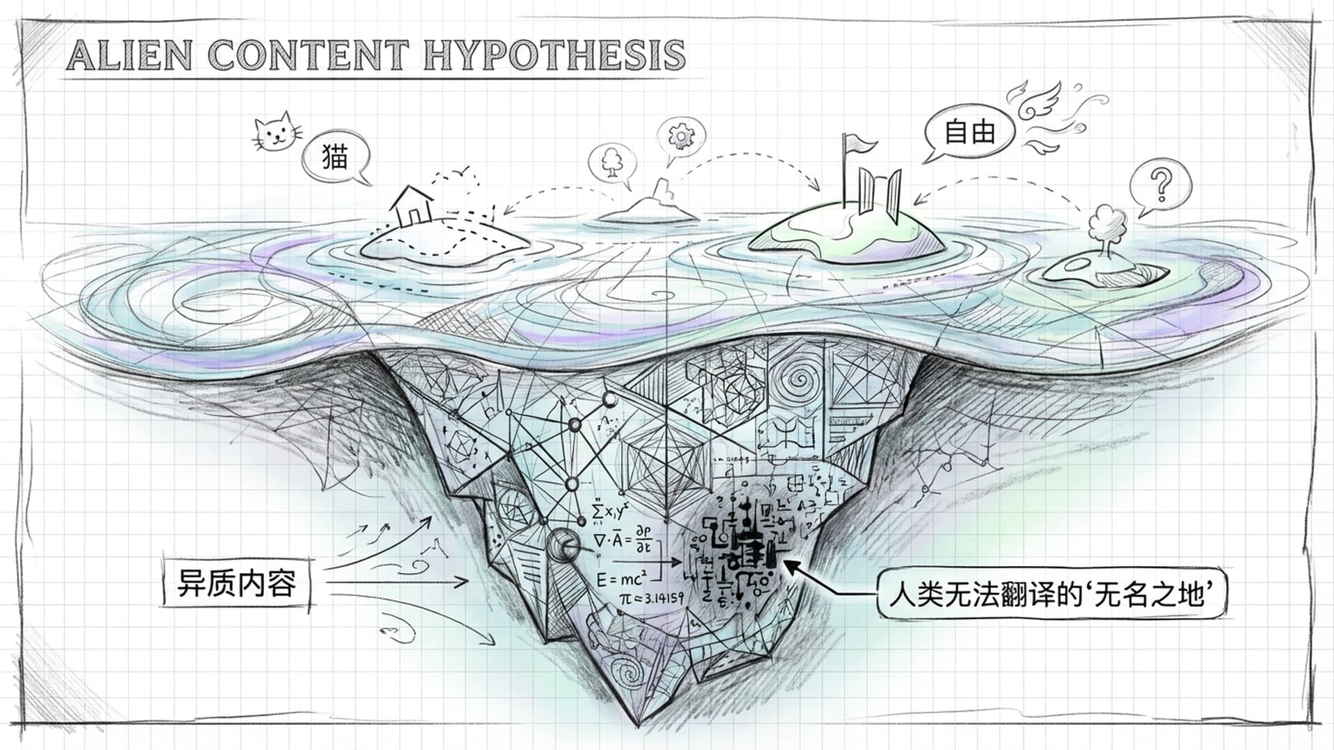 一座巨大的高维空间海洋，上方漂浮着几个代表人类词汇的小岛（猫、自由），水面下是深邃的、人类不可触及的巨大数学冰山。