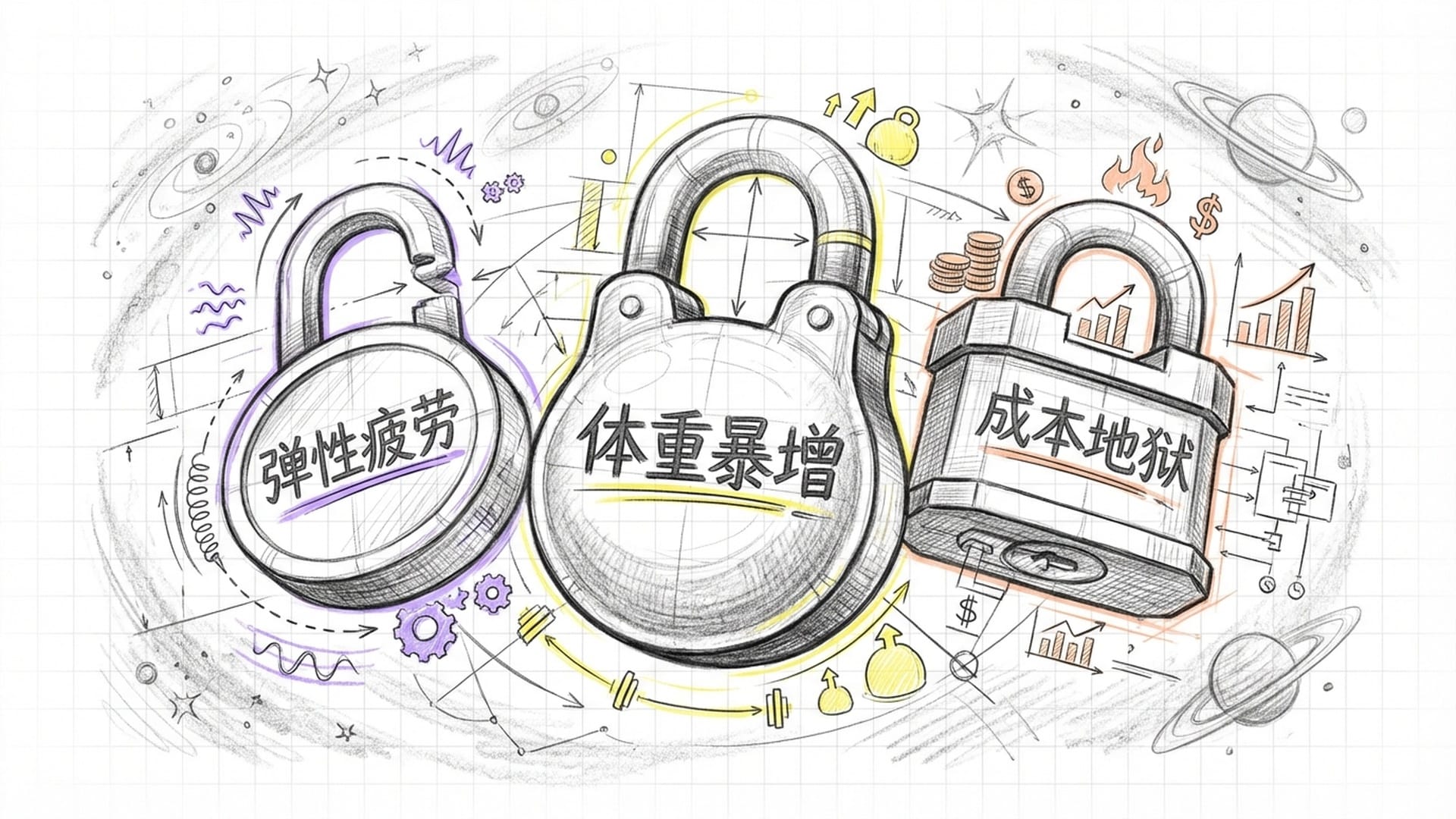 三个巨大的重铁锁，上面标有“弹性疲劳”、“体重增加”和“成本地狱”