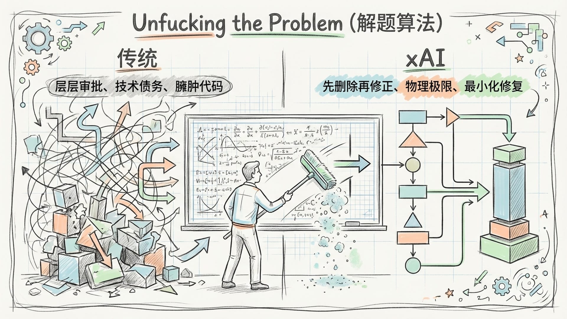 一个工程师在黑板上擦掉复杂的公式