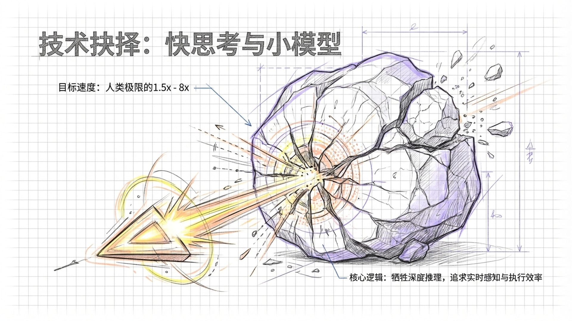 一个小的三角形（小模型）击碎了一个巨大的灰色岩石（大模型），强调反应速度