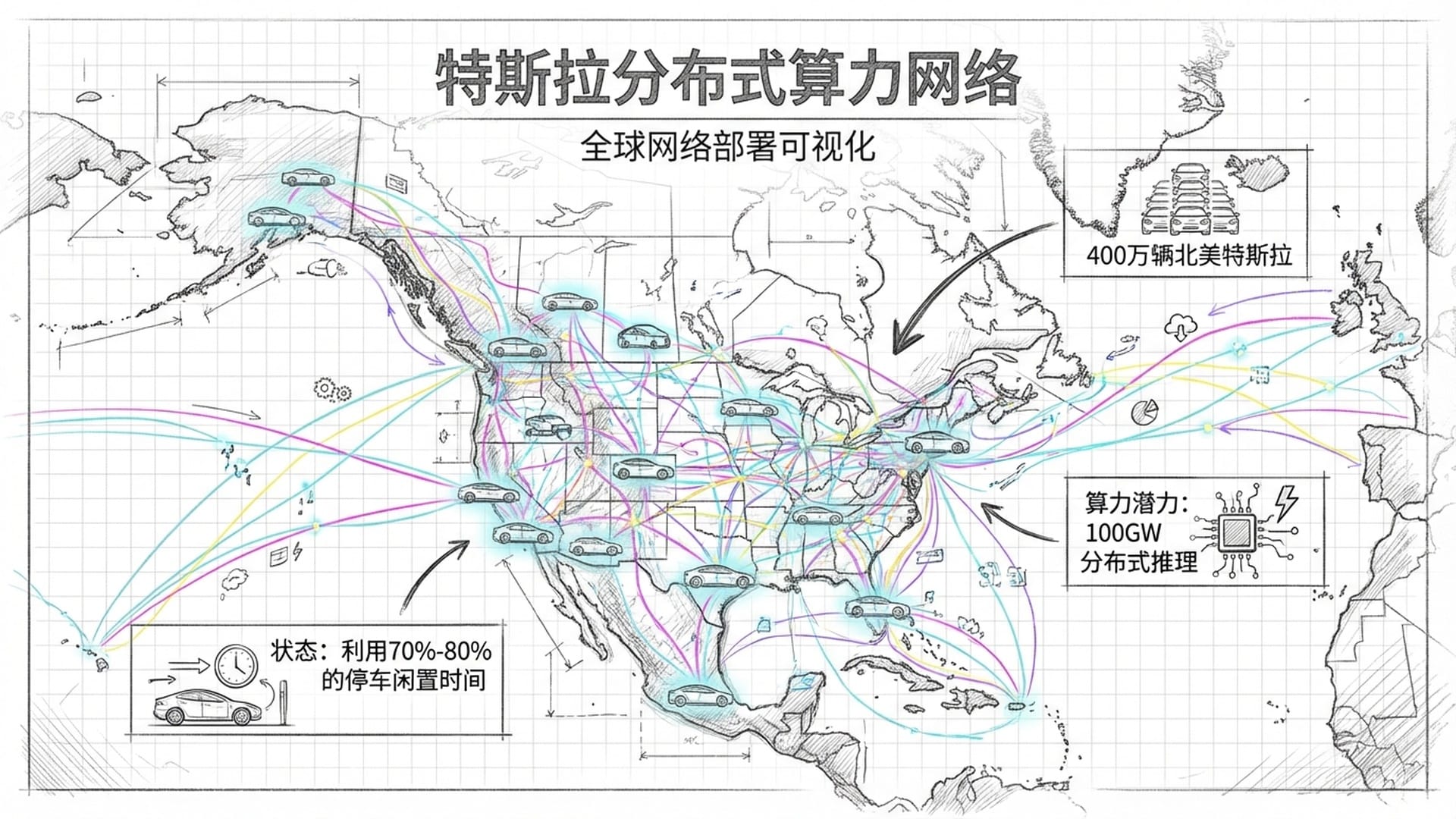 数以百万计的特斯拉汽车在夜幕下发光
