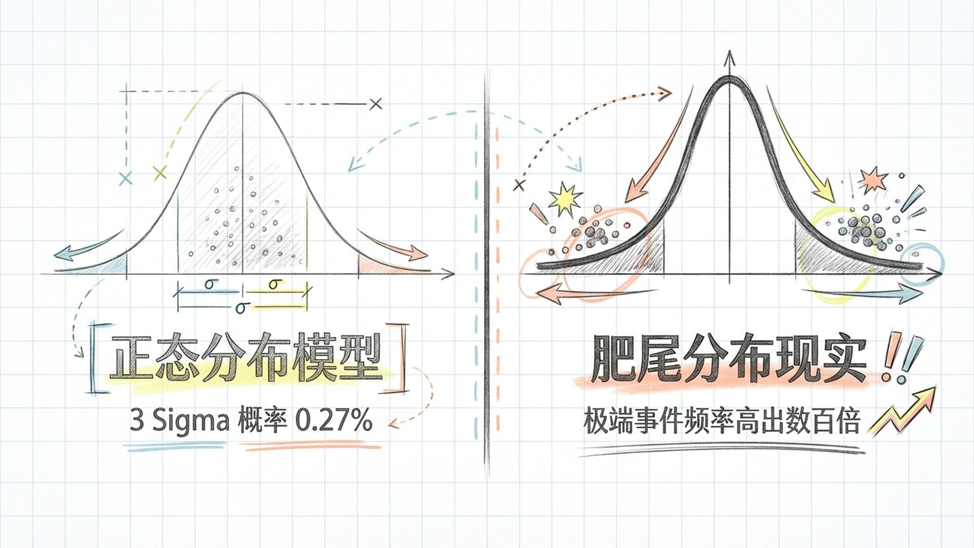 正态分布曲线与肥尾分布的对比图
