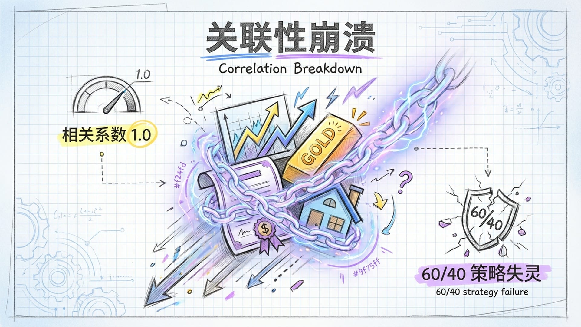 所有不同类别的资产图标都被一条发光的铁链锁死并同步向下坠落