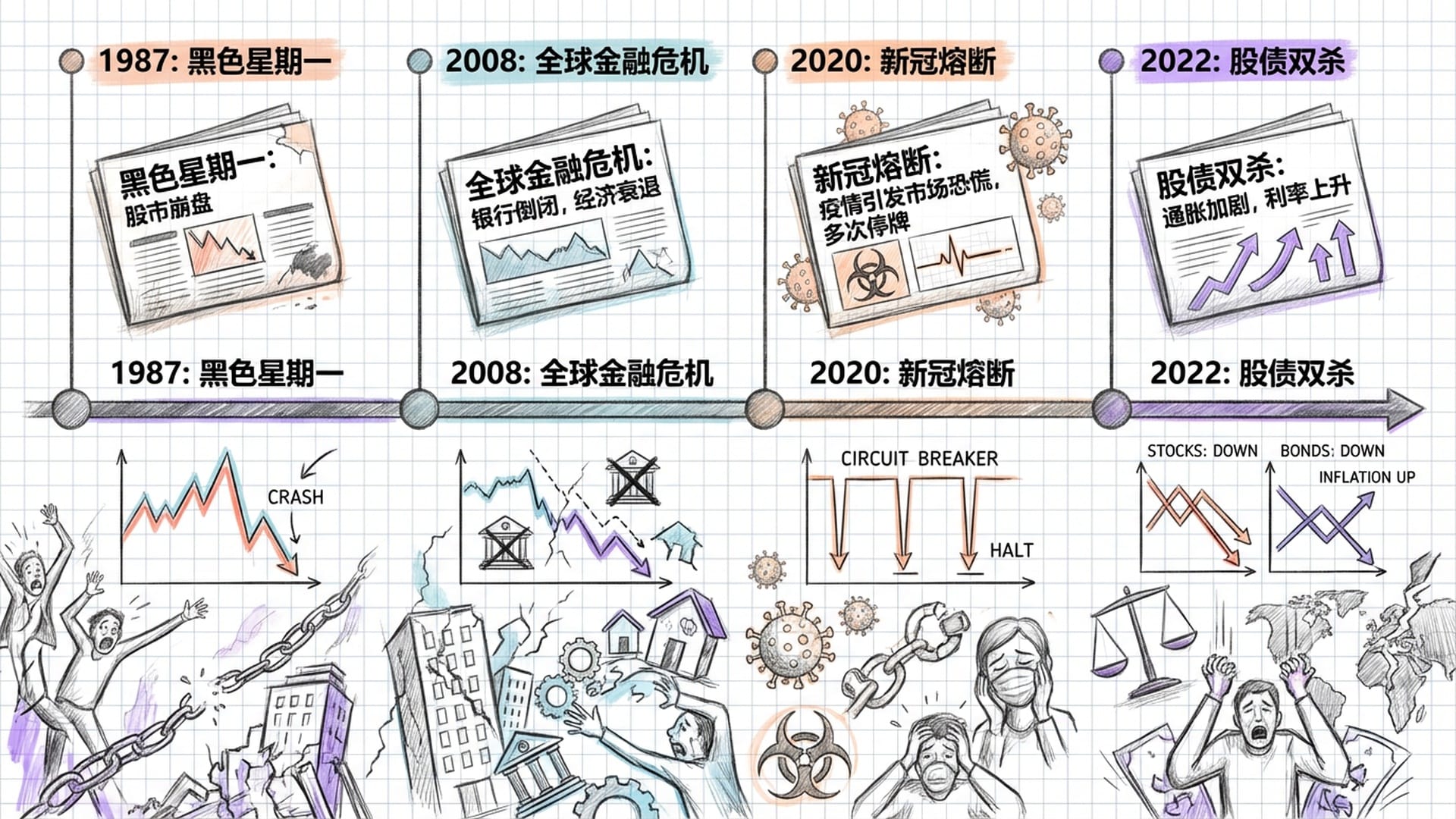 一条时间轴线，串联四个关键历史坐标