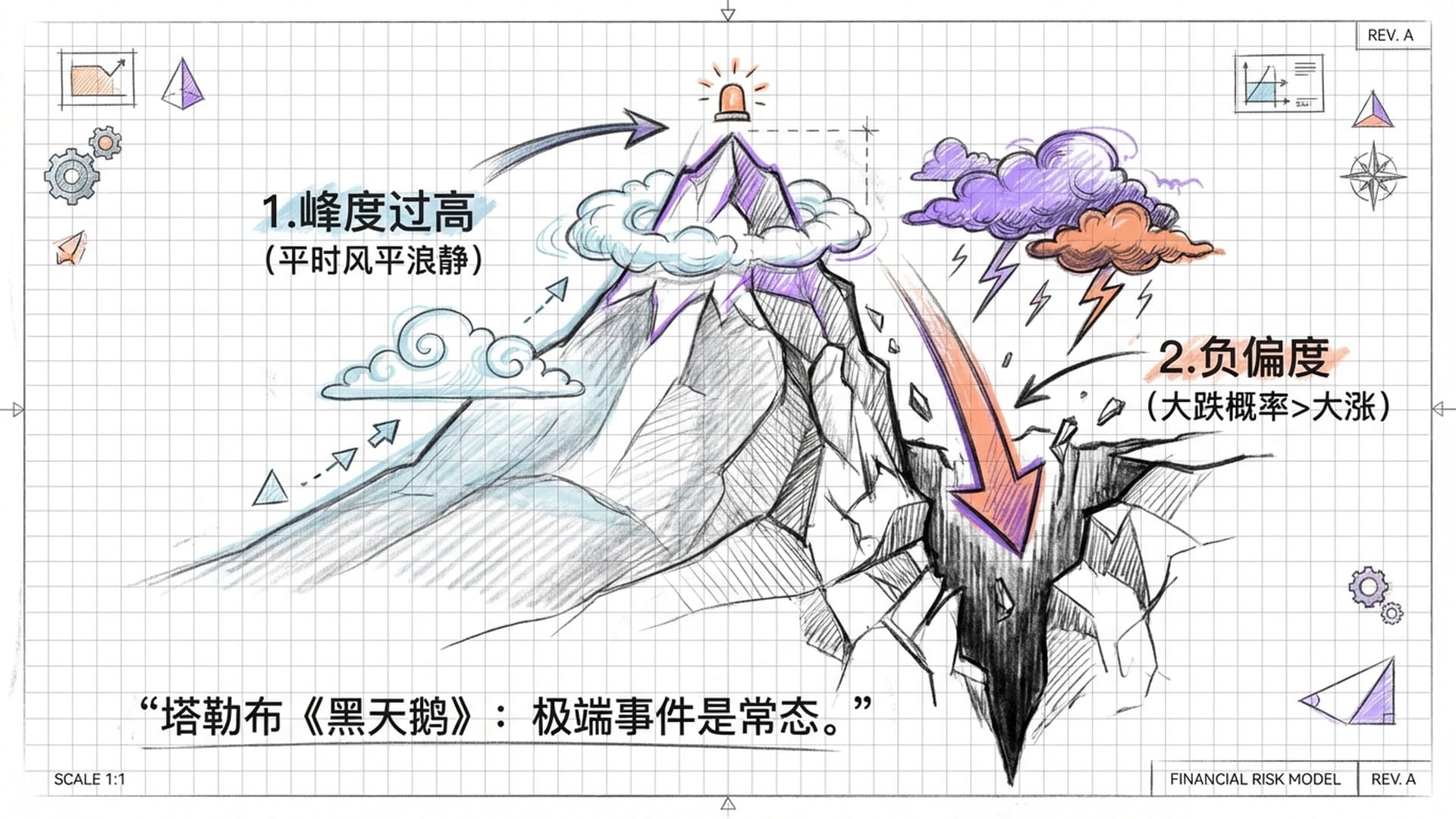 一个陡峭的山峰图表，表现出极高的峰度和偏度
