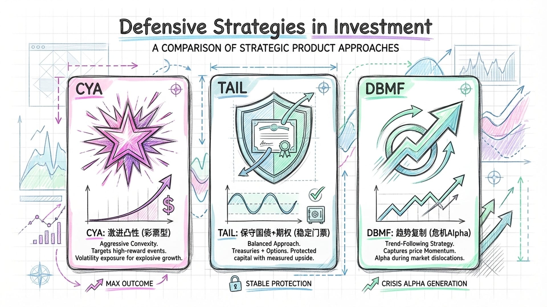 三款具体基金（CYA, TAIL, DBMF）的产品对比卡片