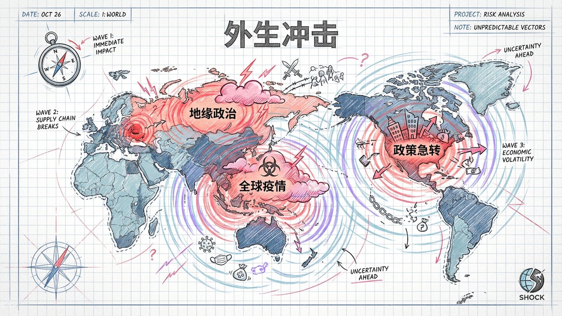 世界地图背景，上面闪烁着红色的雷区