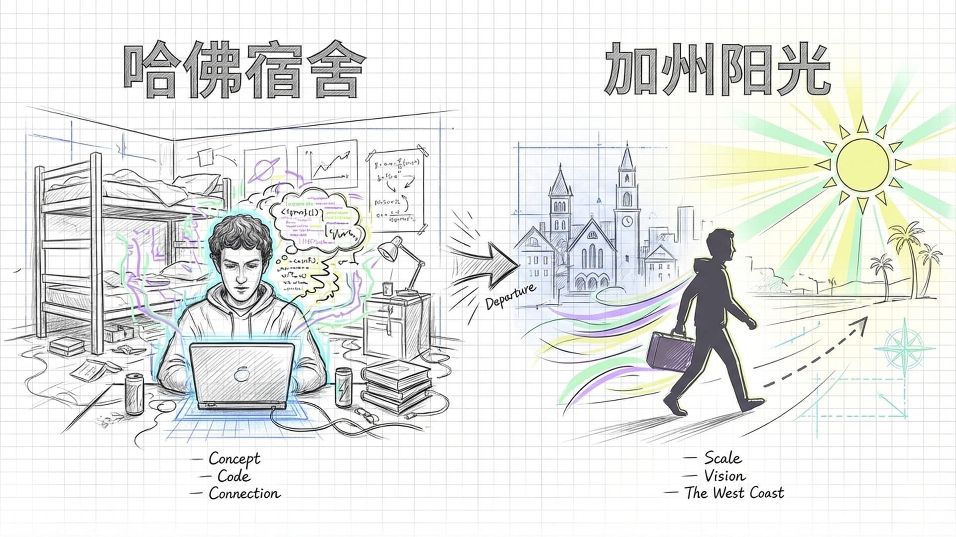 一个哈佛宿舍的画面对比：扎克伯格正在写代码，随后是一个拎着行李箱离开波士顿走向加州阳光的剪影。