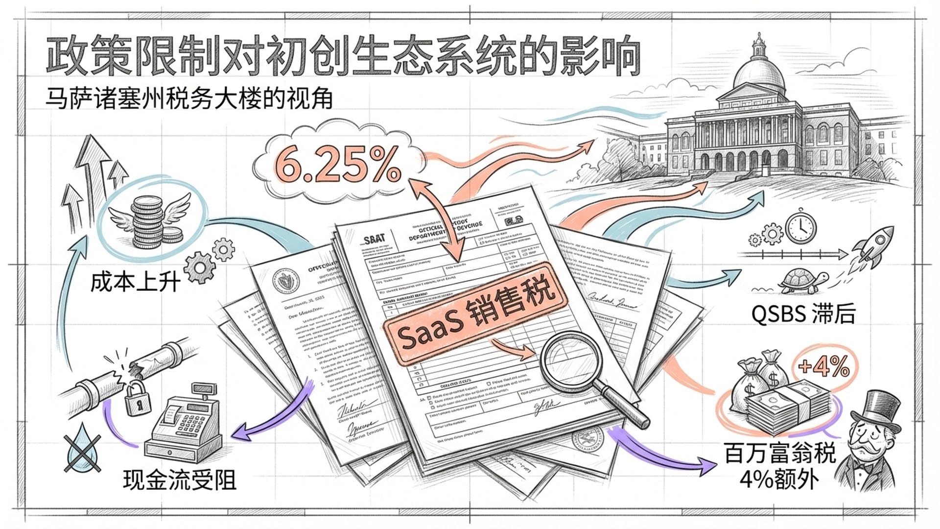 法律文书与税单的特写，压抑的色调，盖着“SaaS Sales Tax”的公章，背景是马萨诸塞州税务局大楼。