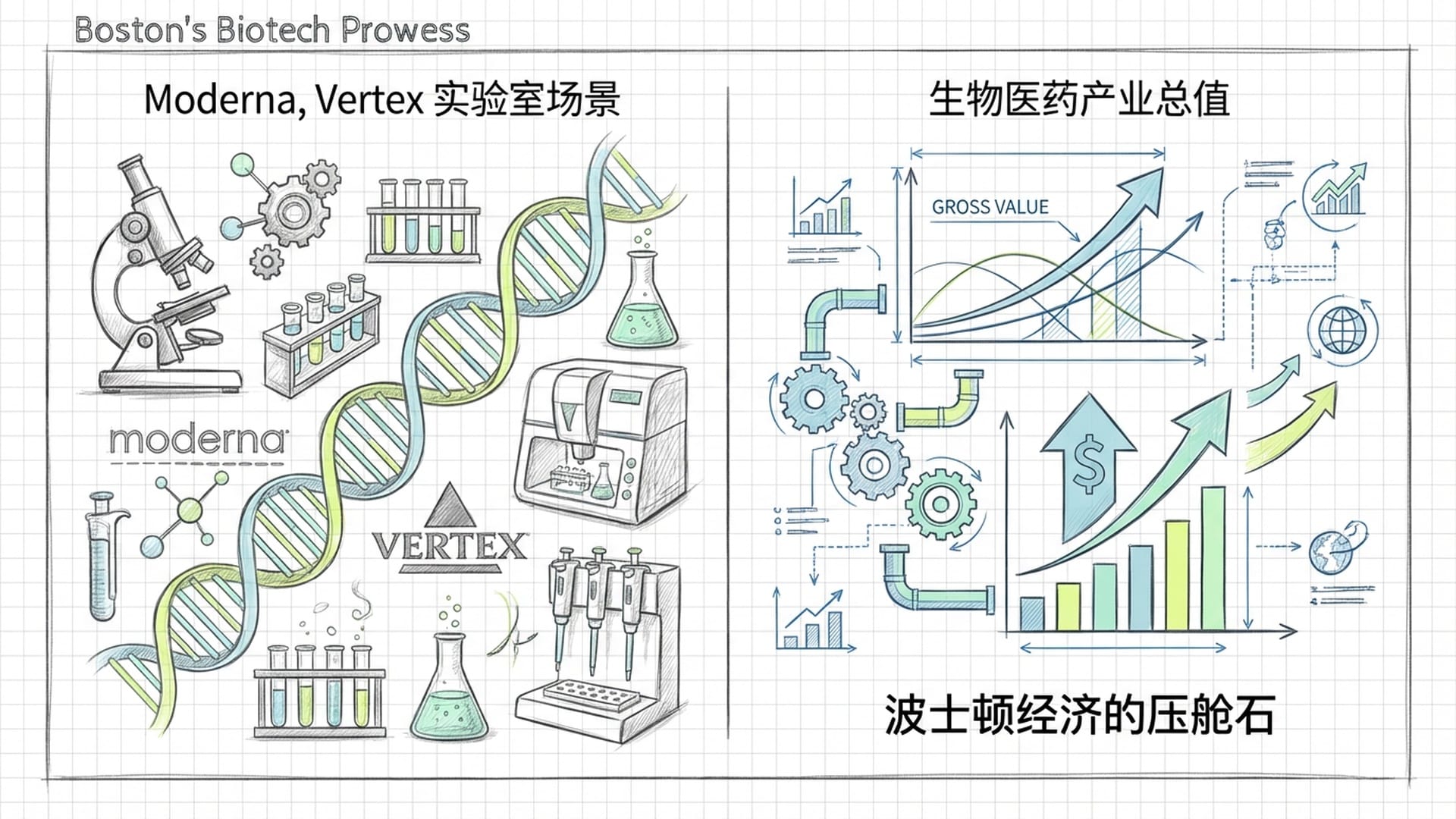 生物医药主题，DNA双螺旋结构与波士顿实验大楼结合。显示Vertex, Moderna等巨头标志，色彩偏冷绿和纯白。