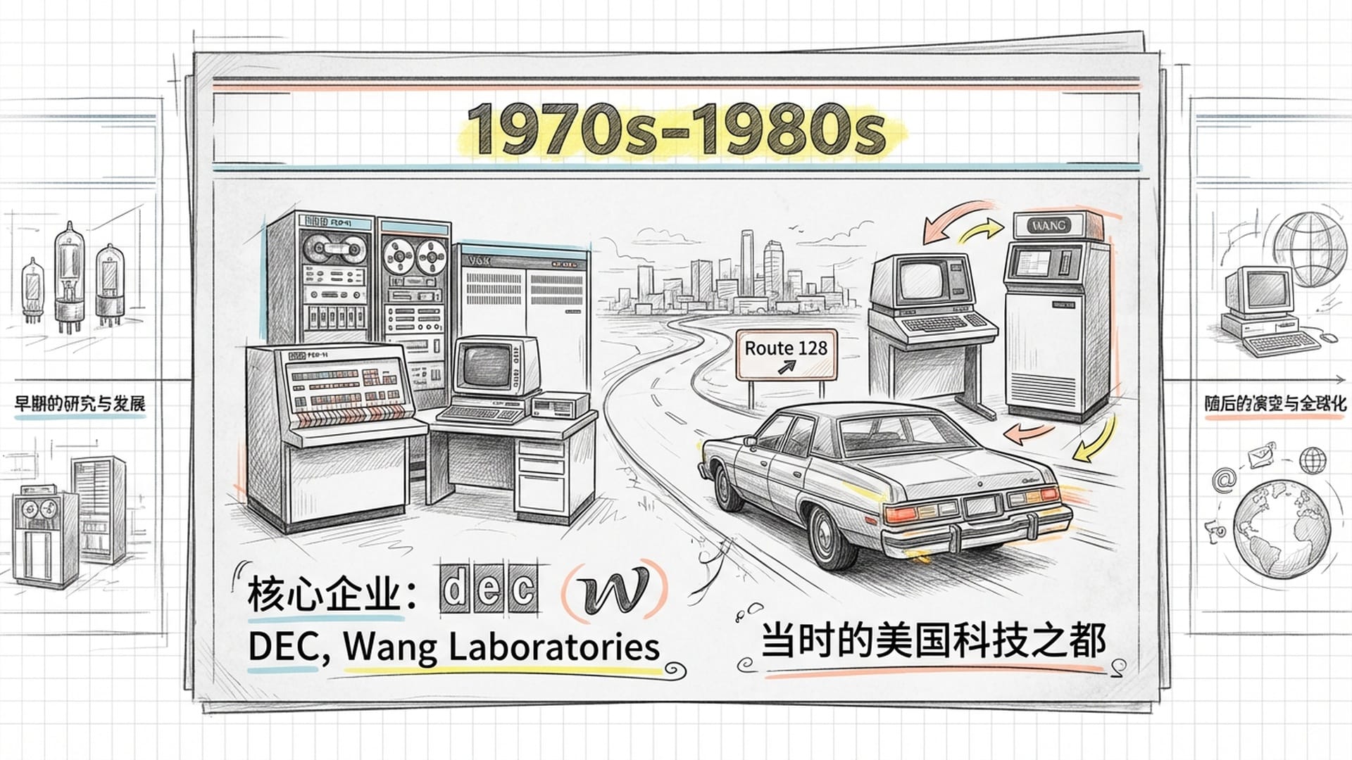 复古风格，1970年代的128公路，DEC、王安实验室的小型机图片，报纸头条质感，怀旧色调。
