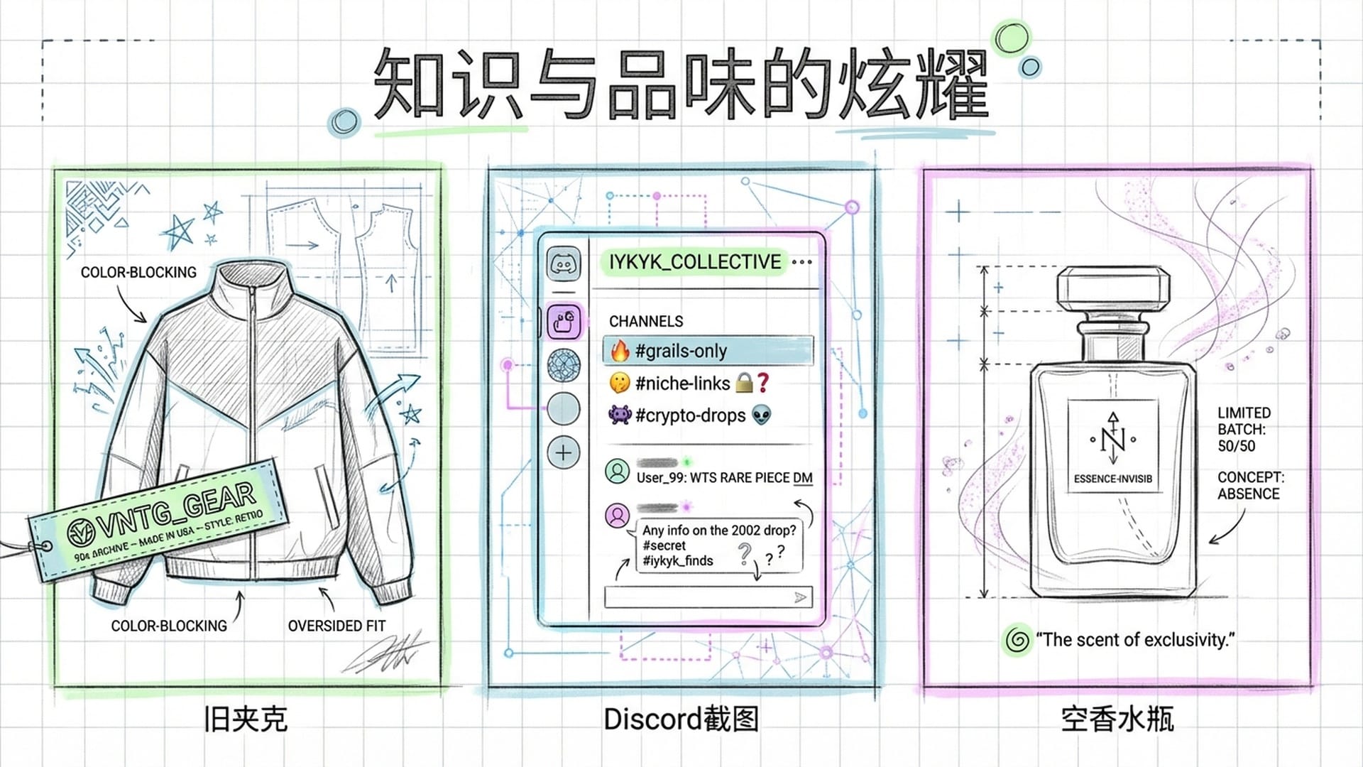 特写：一件带有90年代复古标签的旧衣服，一张暗网风格的服务器截图，一个小众香氛的空瓶。强调“IYKYK”（懂的都懂）的氛围。