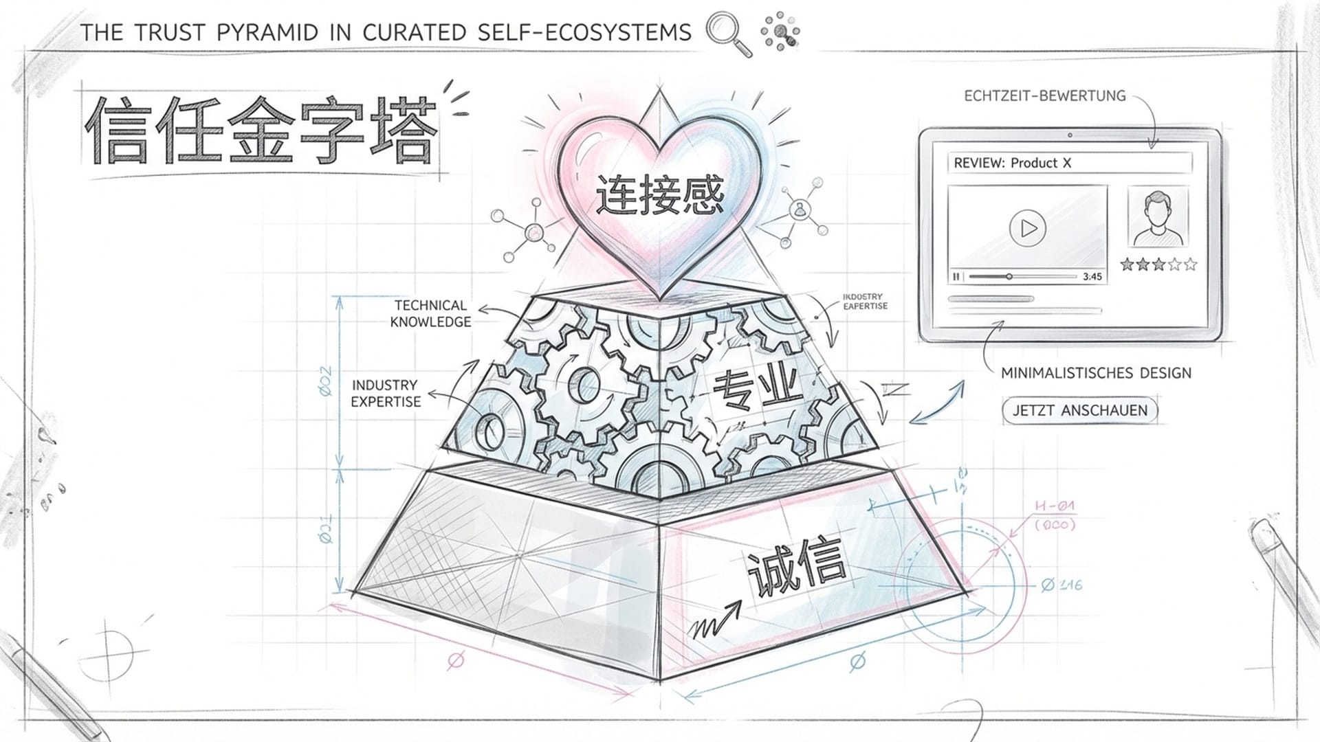 一个金字塔结构。底层是半透明的“诚信”，中层是齿轮组成的“专业”，顶层是发光的心形“连接感”。旁边是德式极简风格的测评视频截帧。