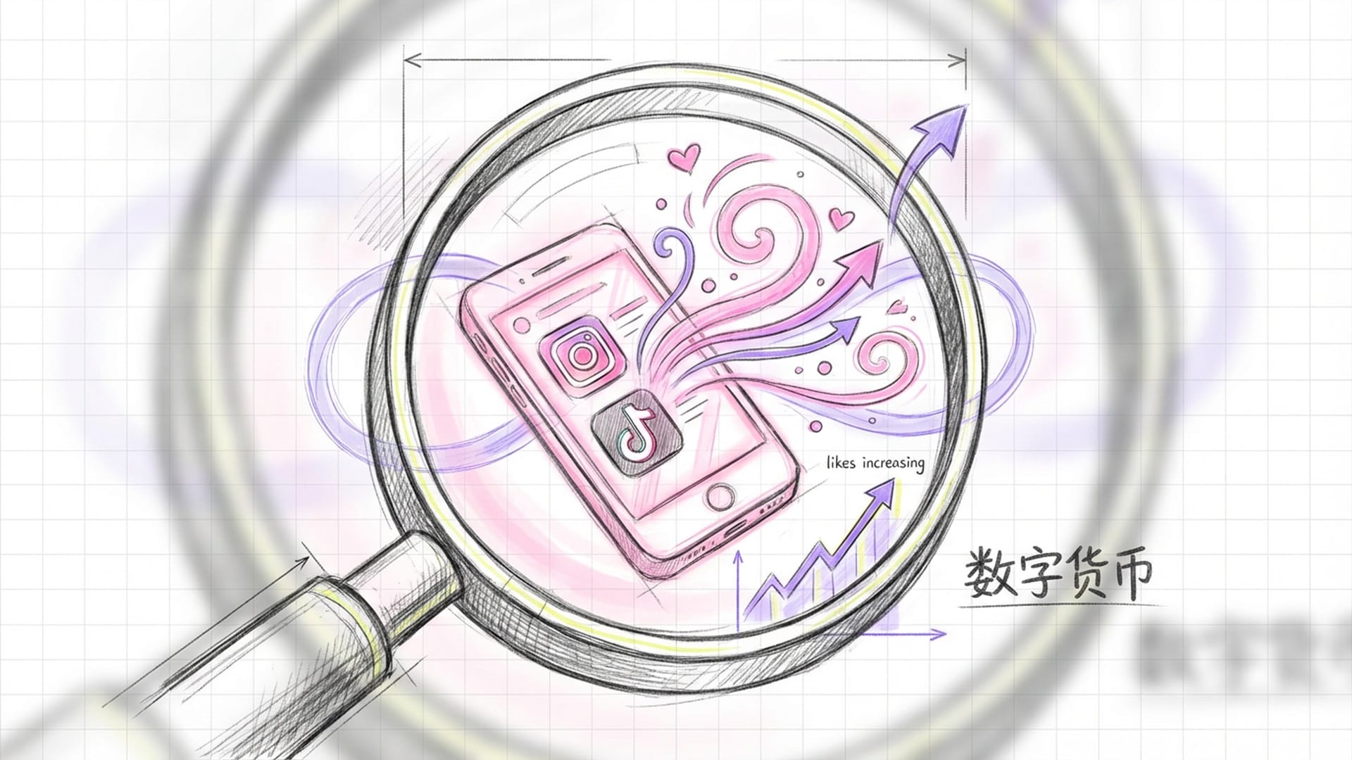 巨大的放大镜聚焦在一部手机屏幕上，屏幕里是Instagram和TikTok的Feed流，无数的点赞和转发箭头像能量流一样涌向中心。