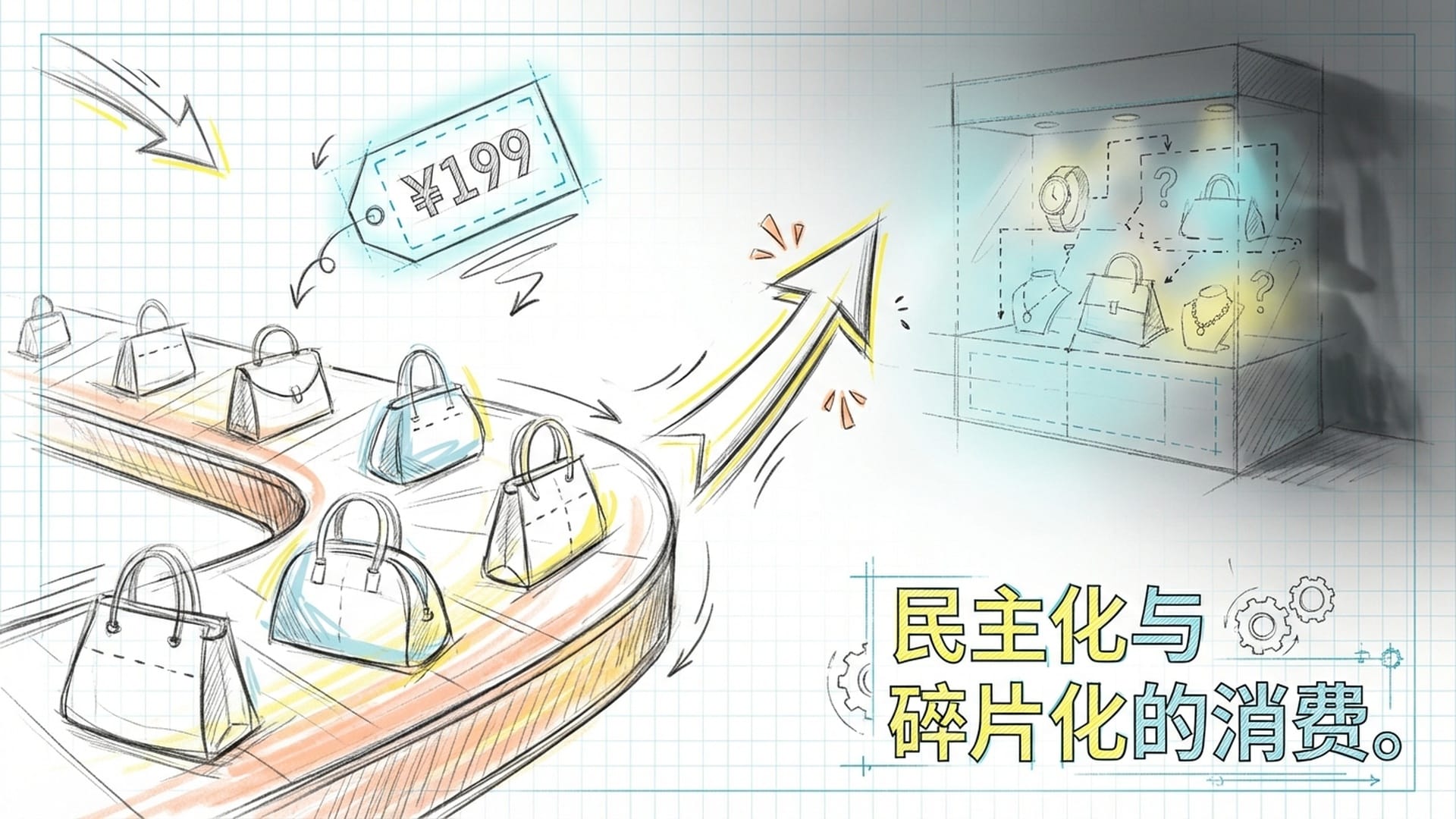 山寨平替包包在传送带上飞速移动，背后是廉价的电商价格标签，远处的奢侈品专柜显得暗淡，象征平替文化对传统凡勃伦效应的冲击。