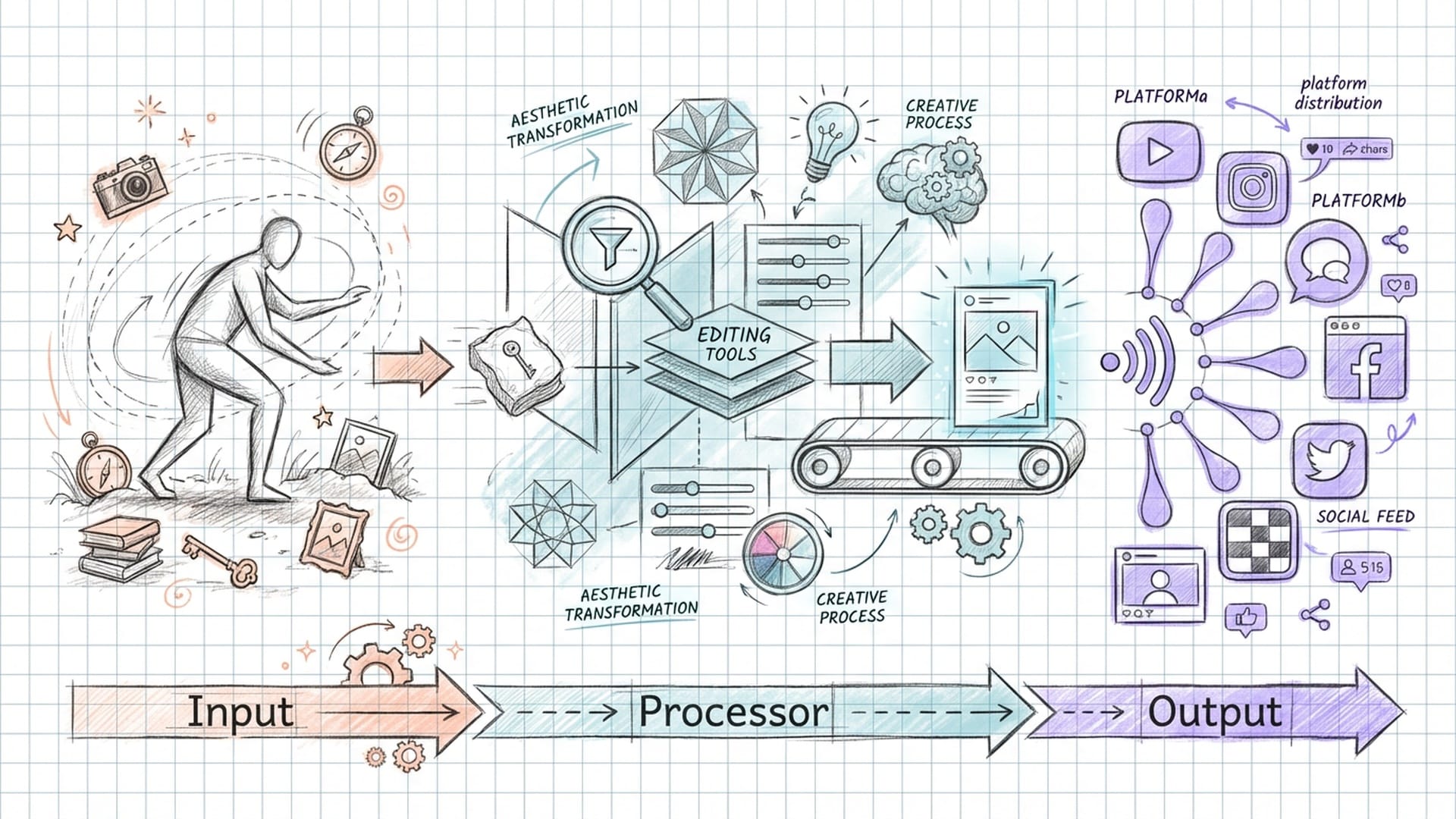 生活作为内容生产流水线的表现。左侧是寻找宝藏（搜寻小众物品），中间是审美转化（滤镜后期），右侧是平台分发（不同风格的头像展示）。