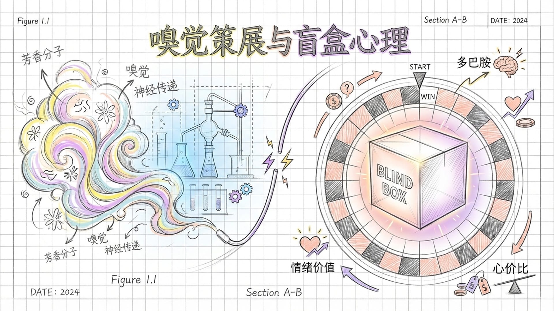 嗅觉策展与盲盒心理的抽象表现。一团带有色彩的烟雾（香氛）与一个发光的盲盒。背景是实验室与赌场轮盘的混合设计。