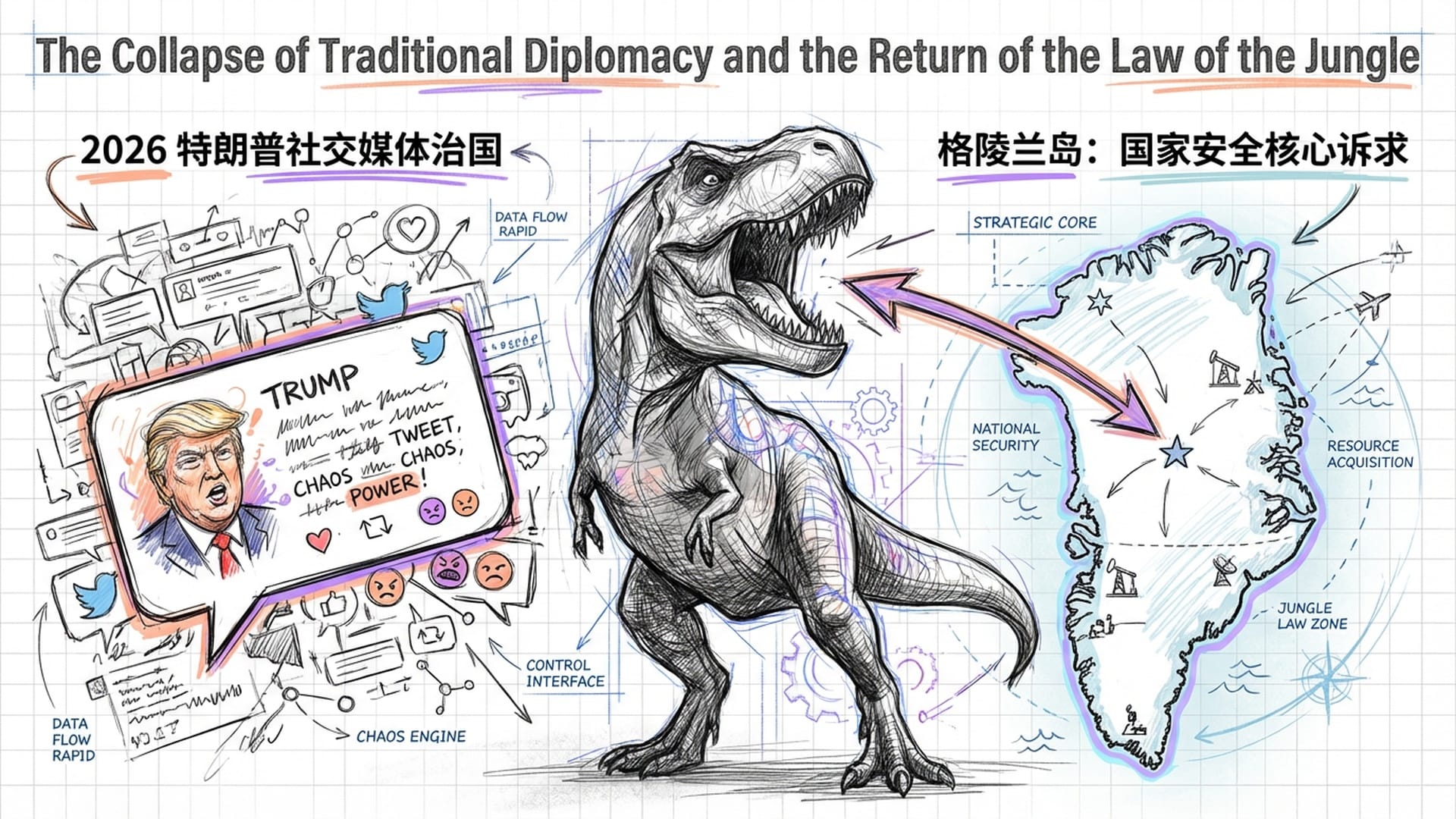 分裂的屏幕，左侧为特朗普推特社交界面，右侧为格陵兰岛的冰川地图，中心有巨大的恐龙剪影，象征霸王龙外交。