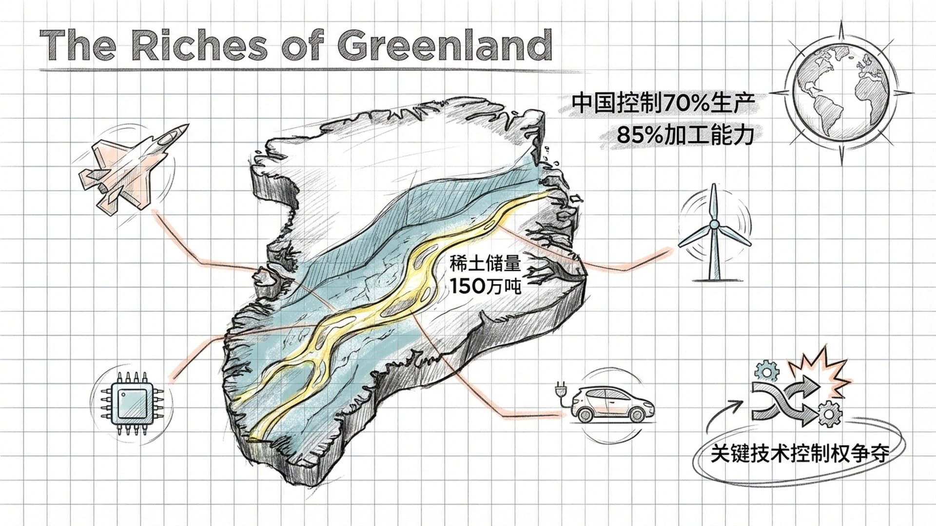 格陵兰岛地质剖面图，展示稀土矿脉。F-35、风力涡轮、芯片、电动车的图标环绕，体现关键矿产战略。
