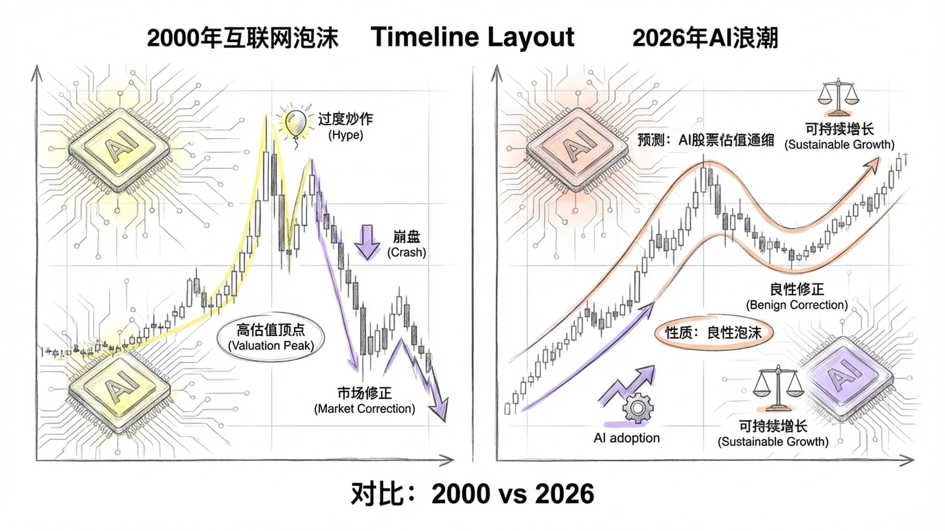 股票K线图在AI算力芯片背景上波动，暗示泡沫与生产力的转换。呈现2000年互联网泡泡沫与2026年AI浪潮的对比。