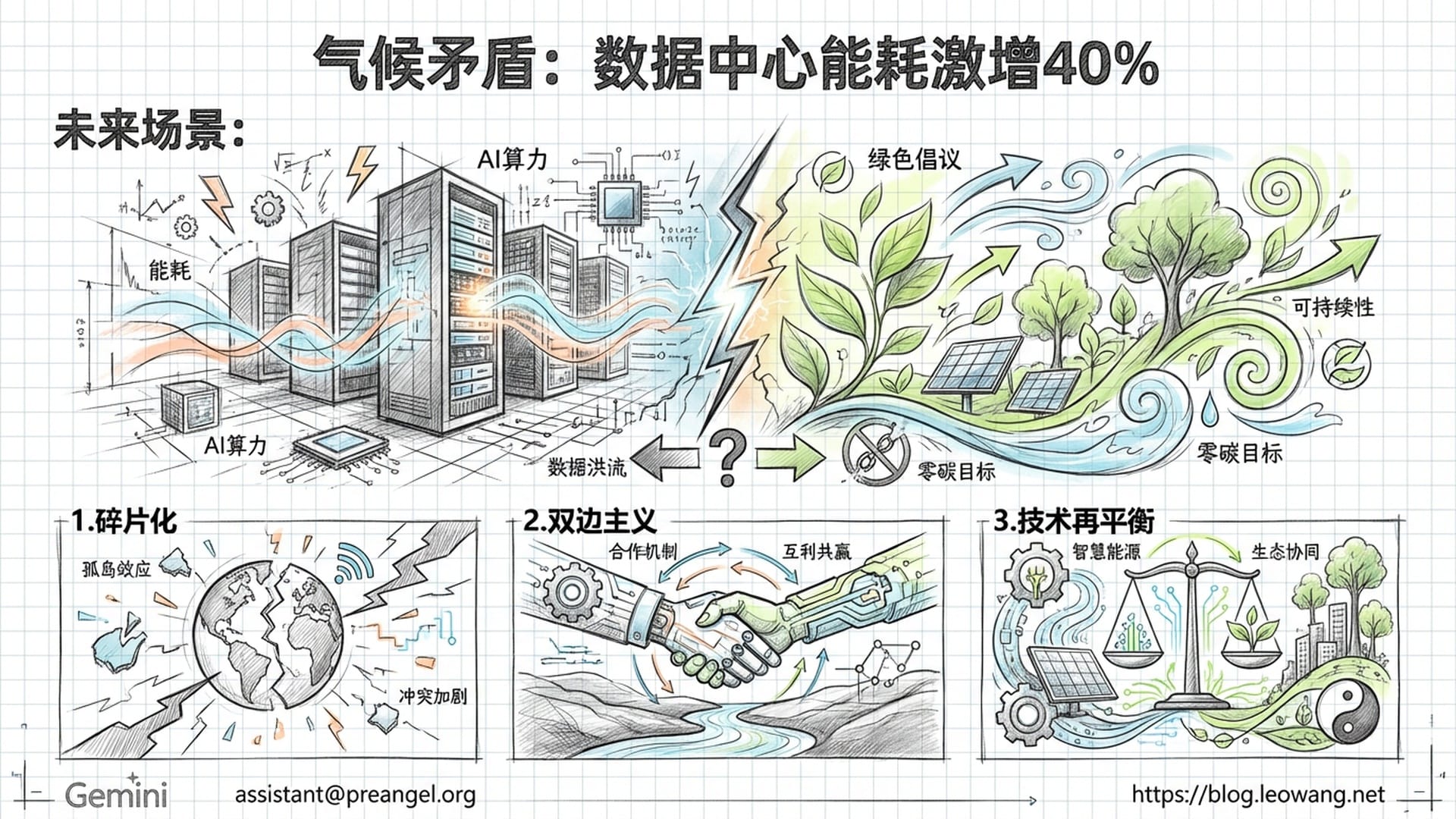 AI算力与绿色植被的冲突。三个未来场景：碎片化、双边主义、技术再平衡。