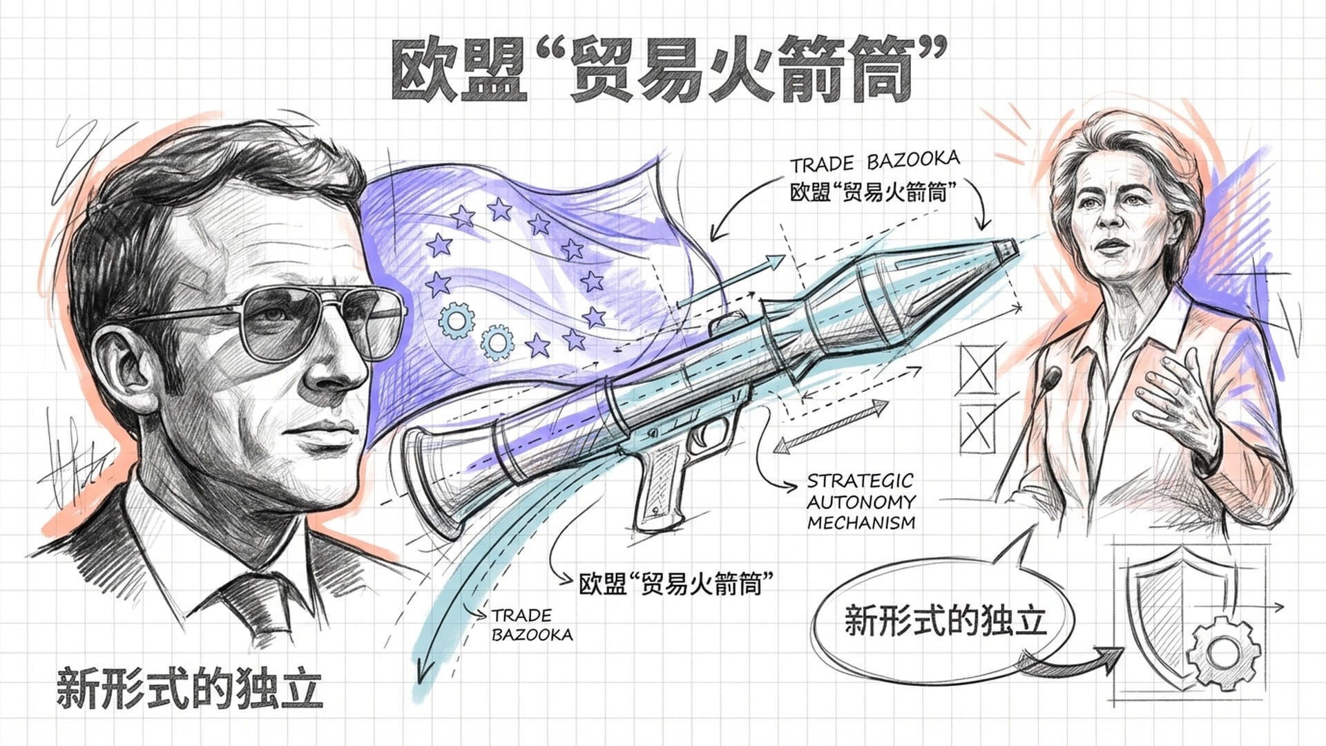 马克龙戴着墨镜的冷峻侧脸，背景是欧盟的蓝底星旗变幻成贸易火箭筒，冯德莱恩正在演讲，展现欧洲觉醒。