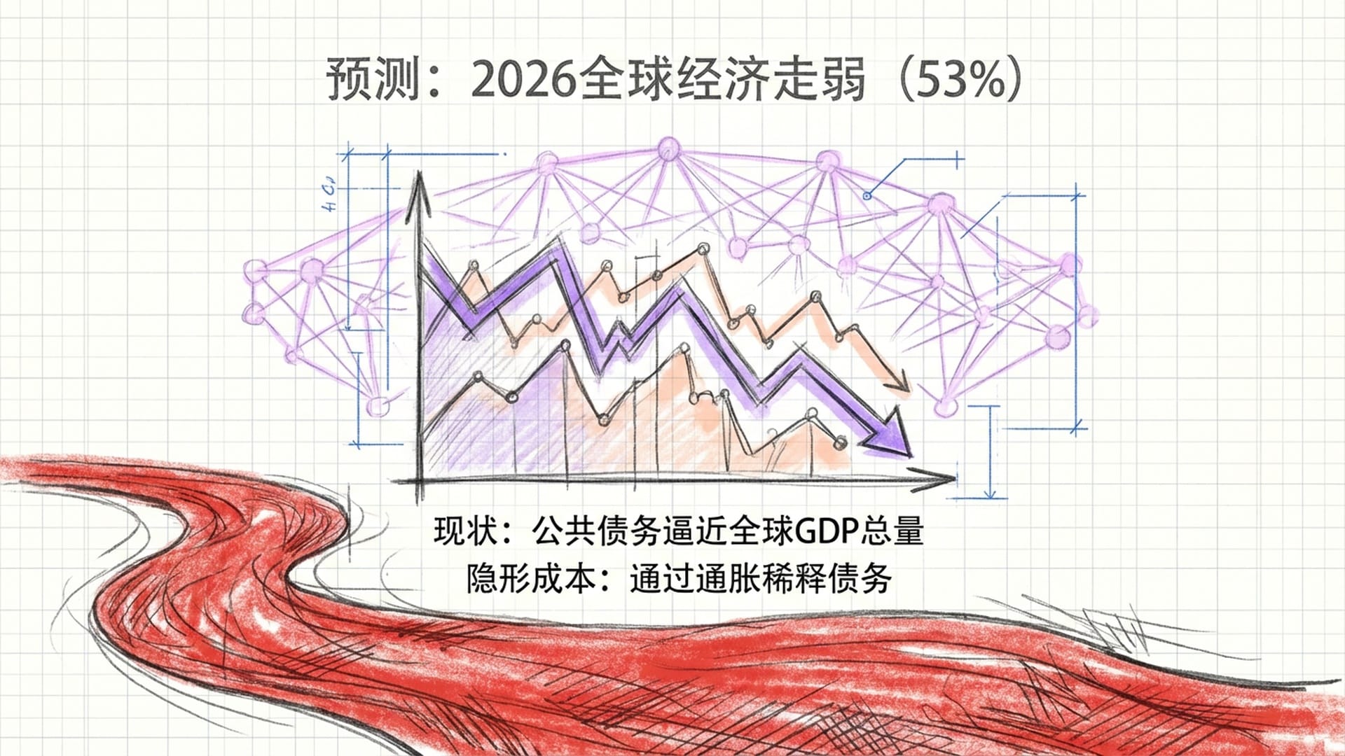 复杂的经济走势图，背景叠加AI神经元网络。债务悬河的巨大红区占据底部，象征全球公共债务压力。