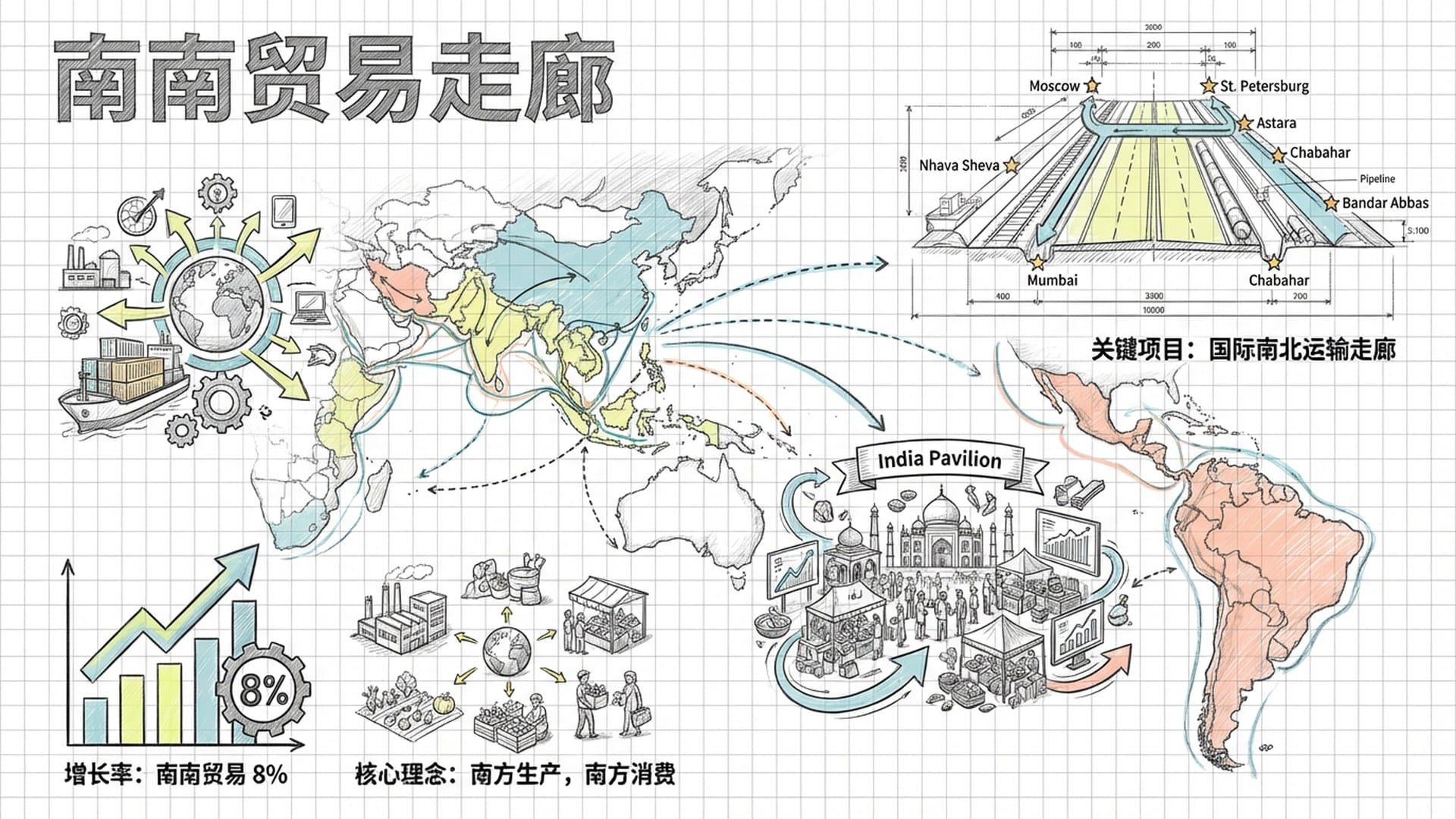 南南贸易走廊图，东南亚、非洲、拉美、中东相互连接。印度馆的繁荣与中国出口竞争力的展示。