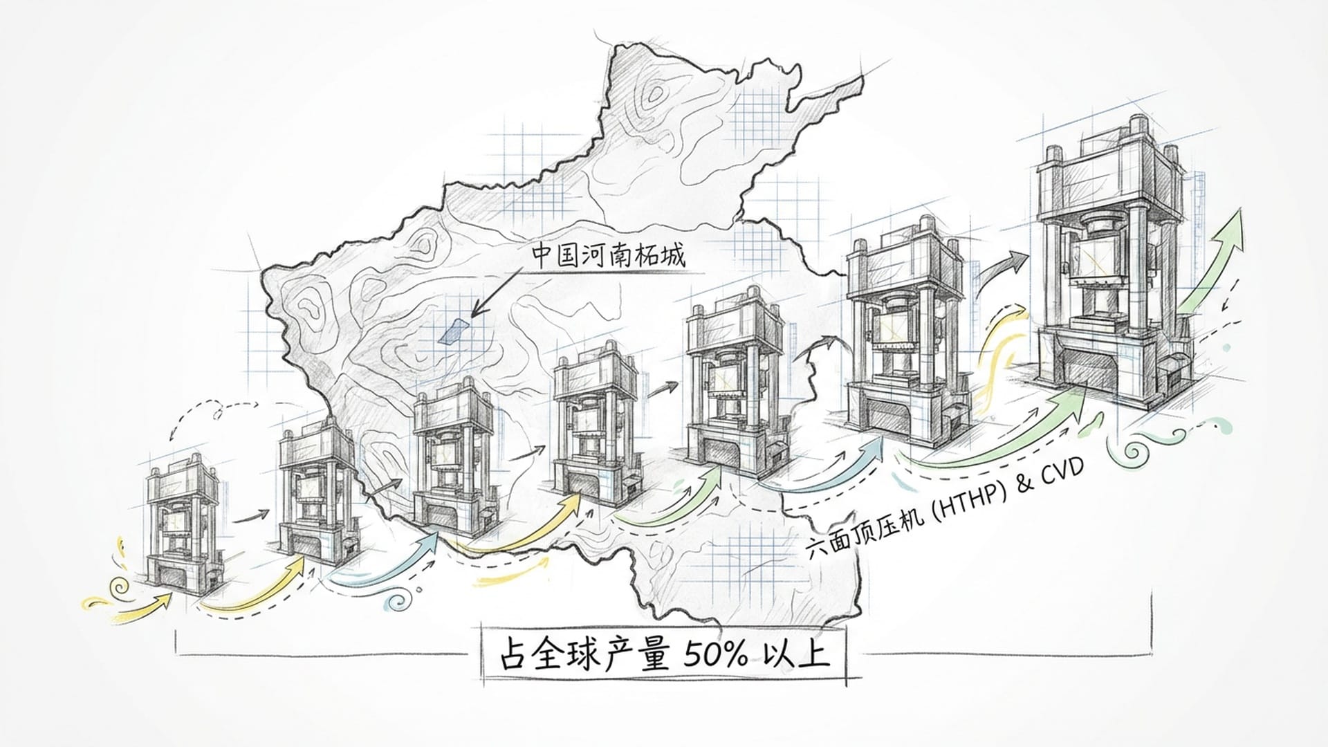 中国河南航拍地图，叠加工业六面顶压机阵列，展现数字化和工业化的生产场景。