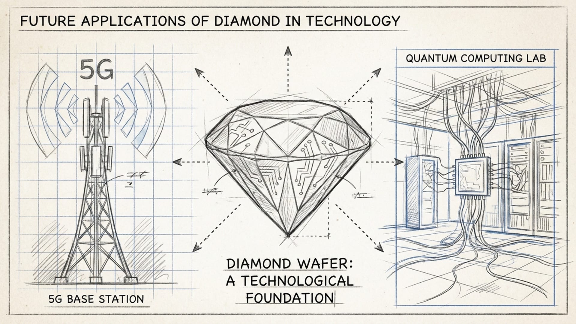 钻石晶圆用于半导体芯片散热，背景是5G基站和量子计算实验室，科幻蓝调调。