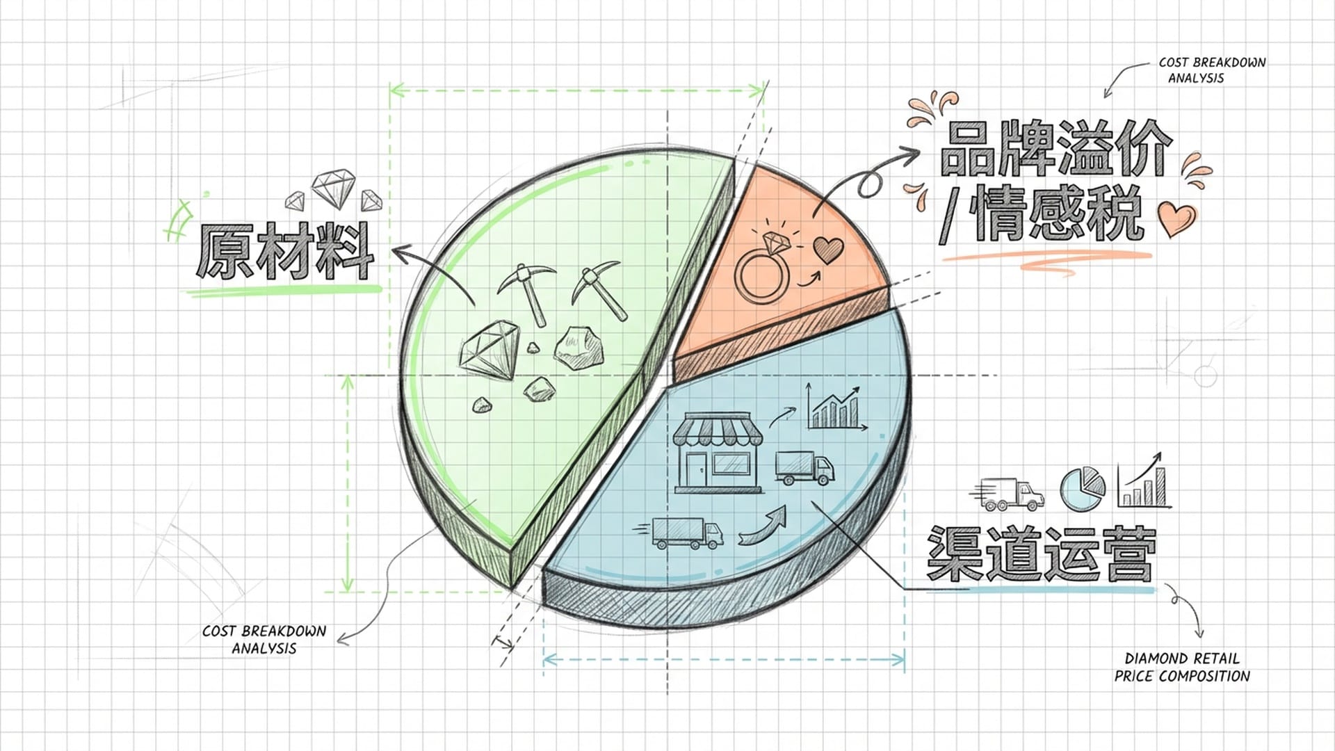 一张精细的饼图，拆解钻石14万零售价的组成部分，颜色区分原材料、营销和品牌。