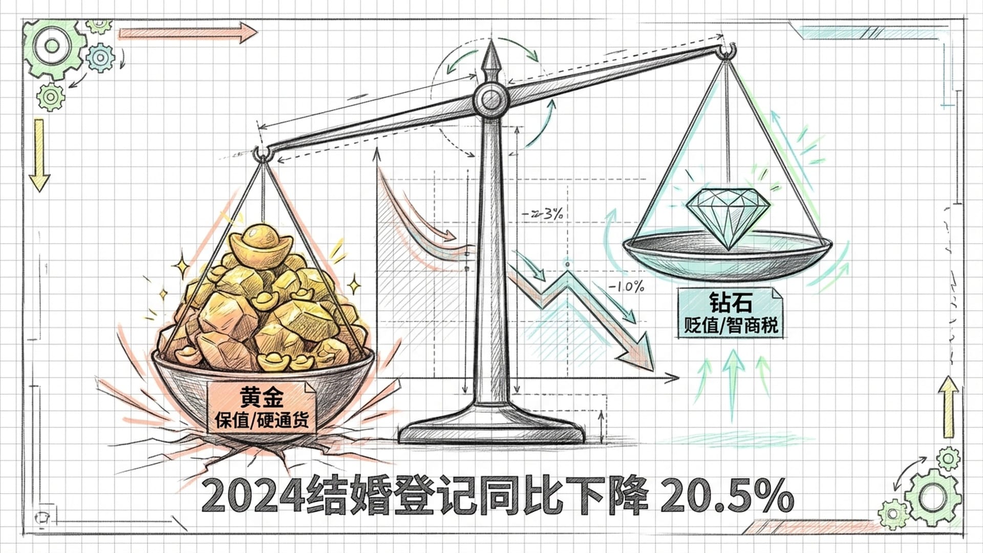 一个巨大的天平，左端是沉重的黄金（金豆豆），右端是轻飘飘的钻石，背景是下滑的结婚率曲线。