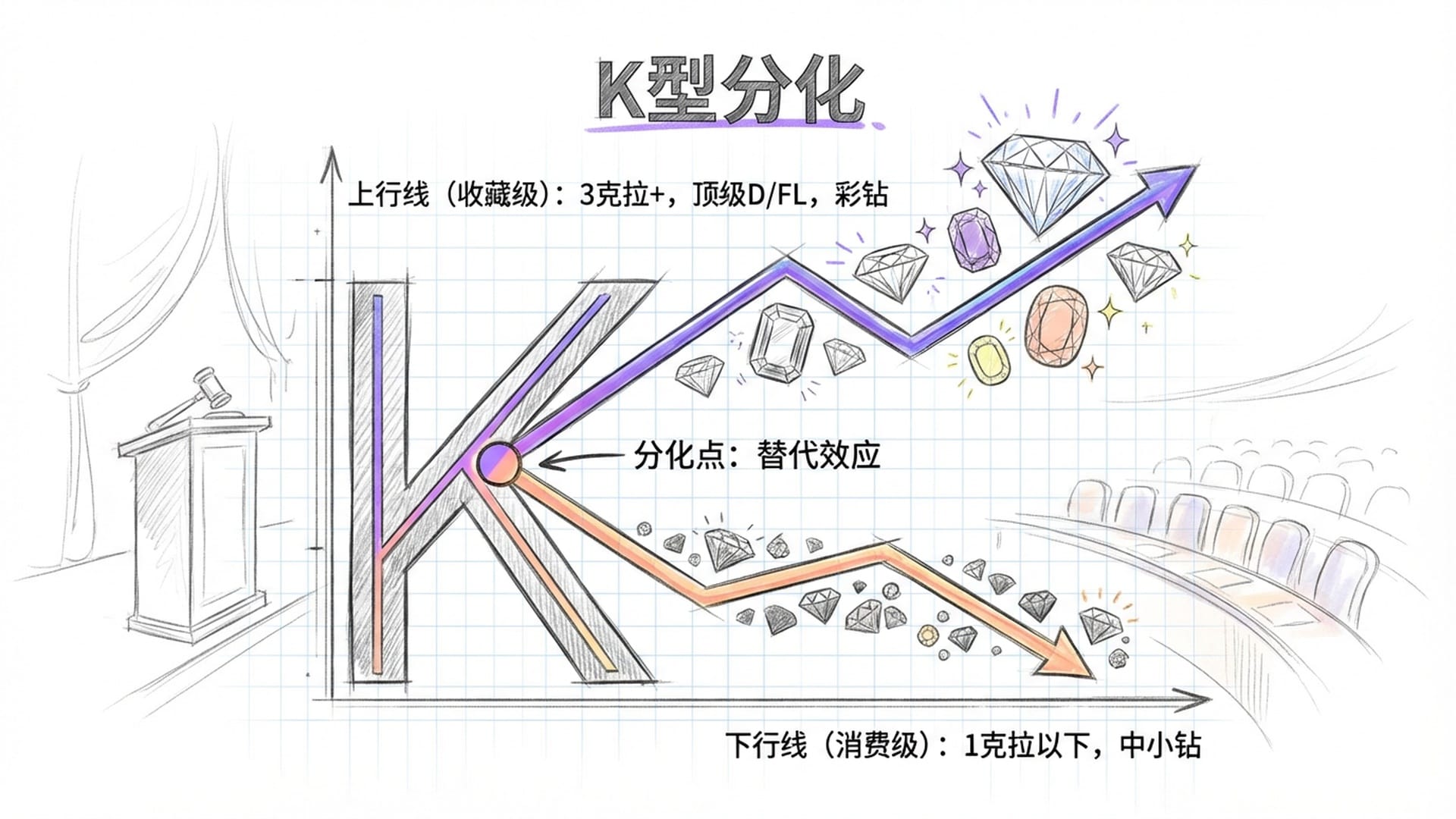 K型曲线图，上方走向是顶级彩钻与大钻，下方走向是消费级天然钻。背景是拍卖行。
