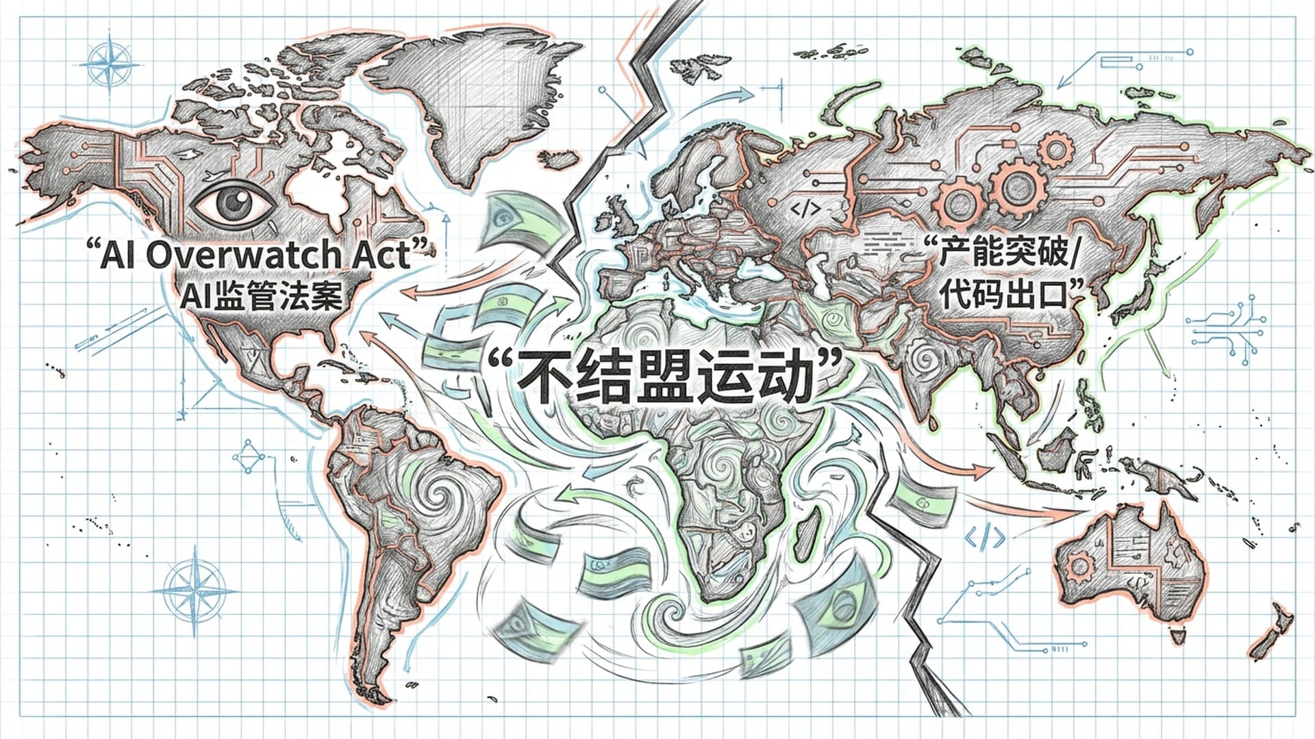 世界地图被撕裂为两个主要板块（美西/中国），全球南方国家在中间地带游走，带有“数字不结盟”的旗帜。