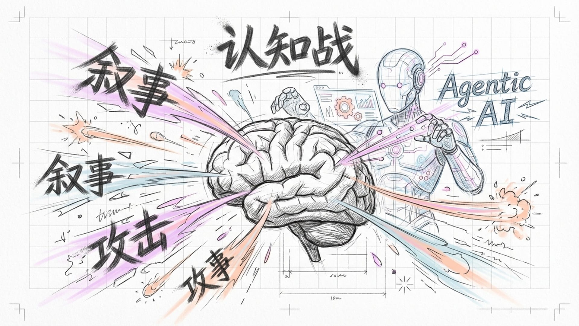 抽象的人脑轮廓受到海量虚假信息的各种光线冲击，AI Agent在后台操控着信息的流向，具有侵略性的叙事文字悬浮。