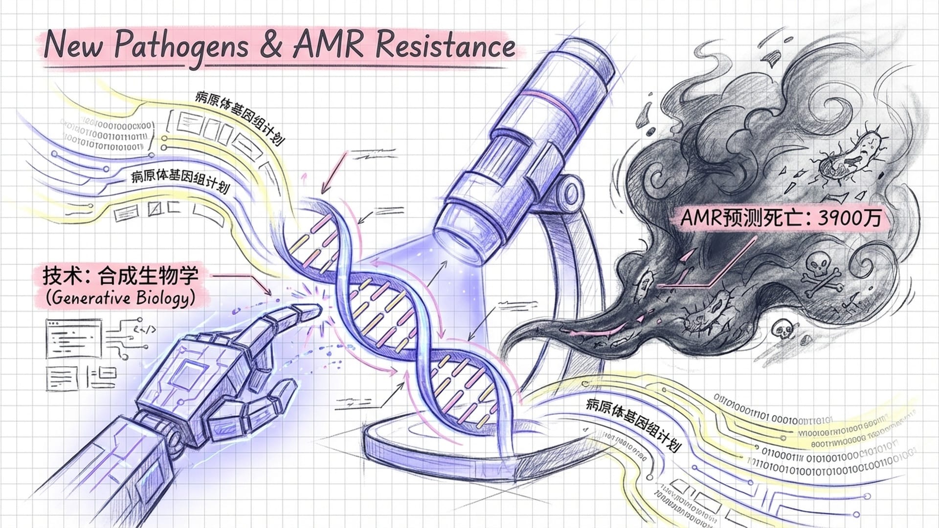 发光的双螺旋DNA被放置在数字显微镜下，AI代理人正在修改基因排序。显微镜旁有致命的黑色迷雾代表AMR抗药性病菌。