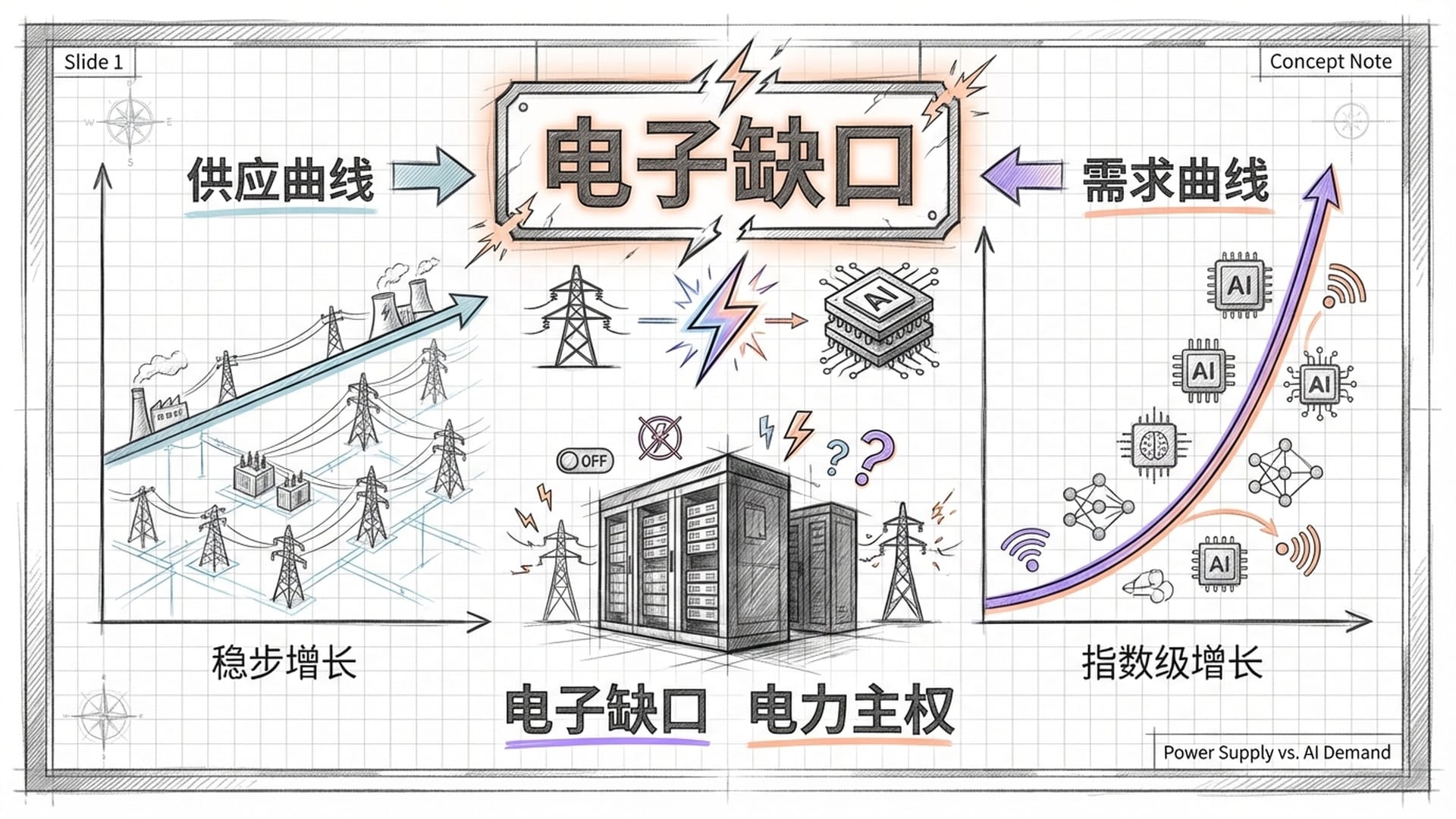 数据中心由于电力短缺而灯光熄灭。一个巨大的“电子缺口”标志位于电网和AI芯片之间。