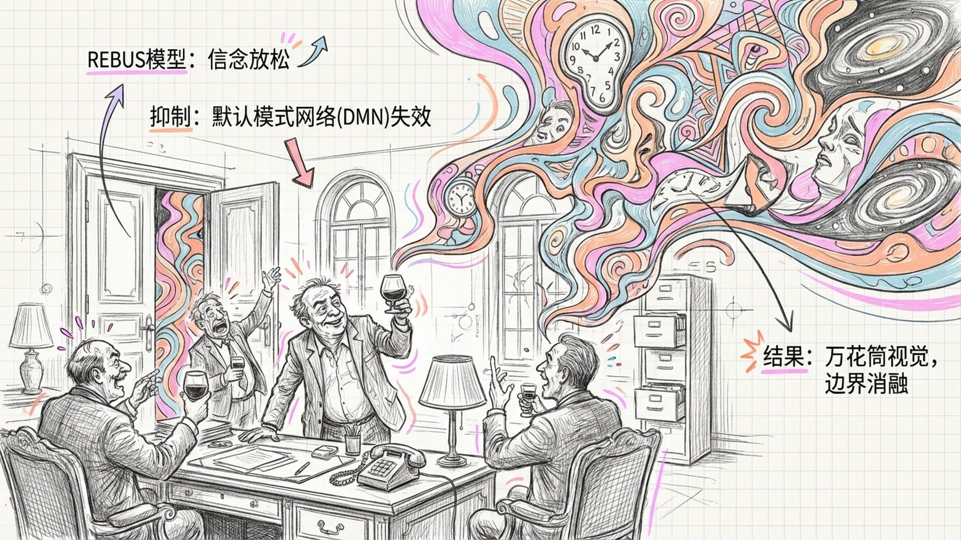 层级森严的办公室，老板们正在酗酒。门外各种奇幻、扭曲的视觉信息像洪水一样推开门缝往里涌。