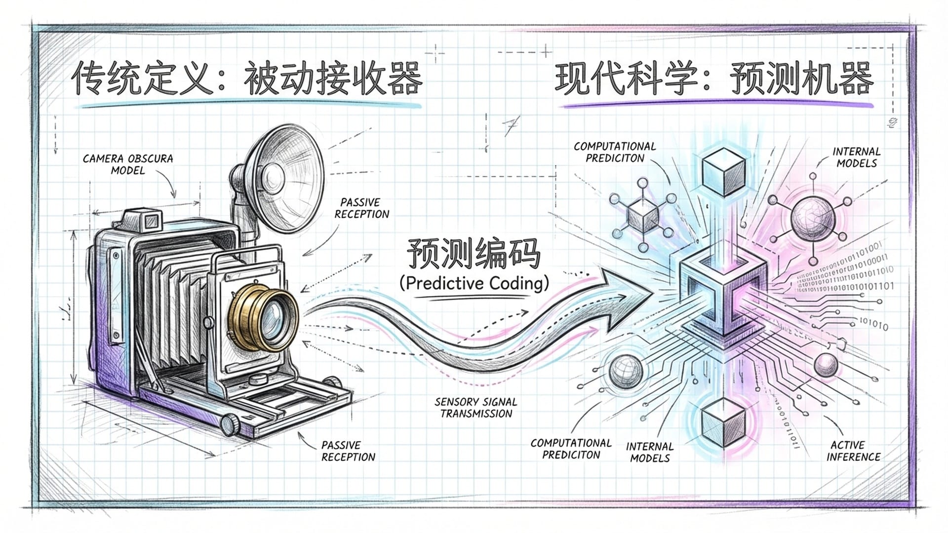 左侧是一个古老的摄像头，右侧是一个发光的、处理复杂数据的计算中心，中间是感官信号的流动。