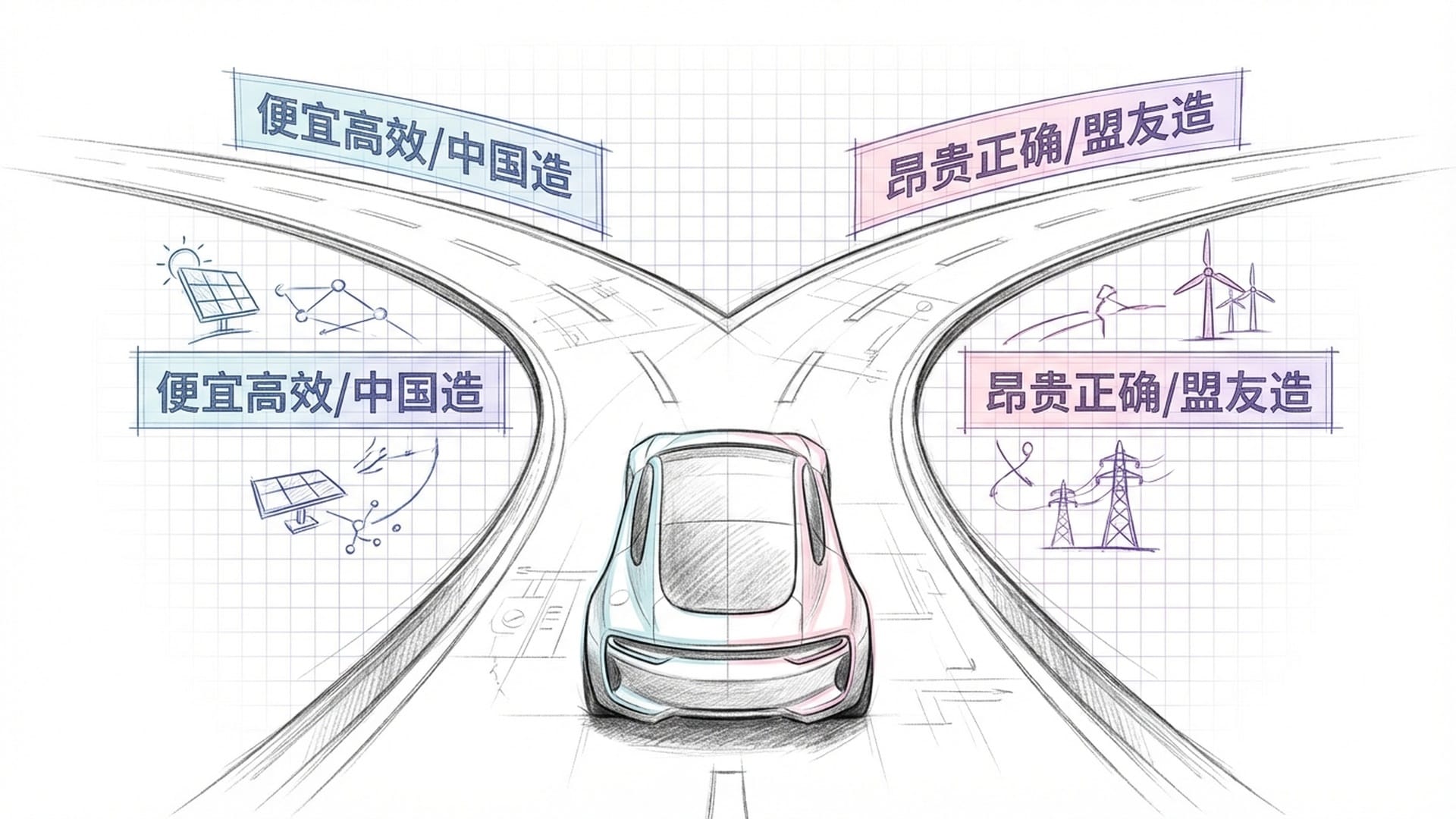 一辆科幻感十足的电动汽车停在巨大的分岔路口