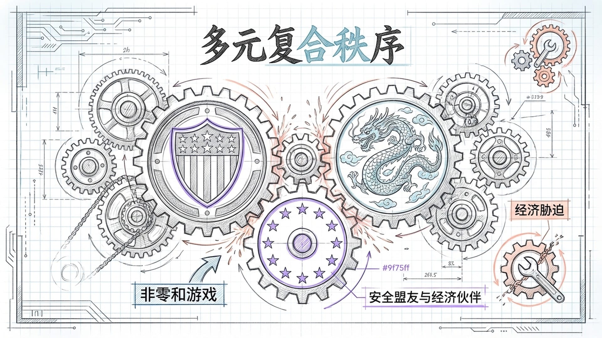 一个复杂的多元齿轮组，美国盾牌、中国龙纹、欧洲星星相互咬合