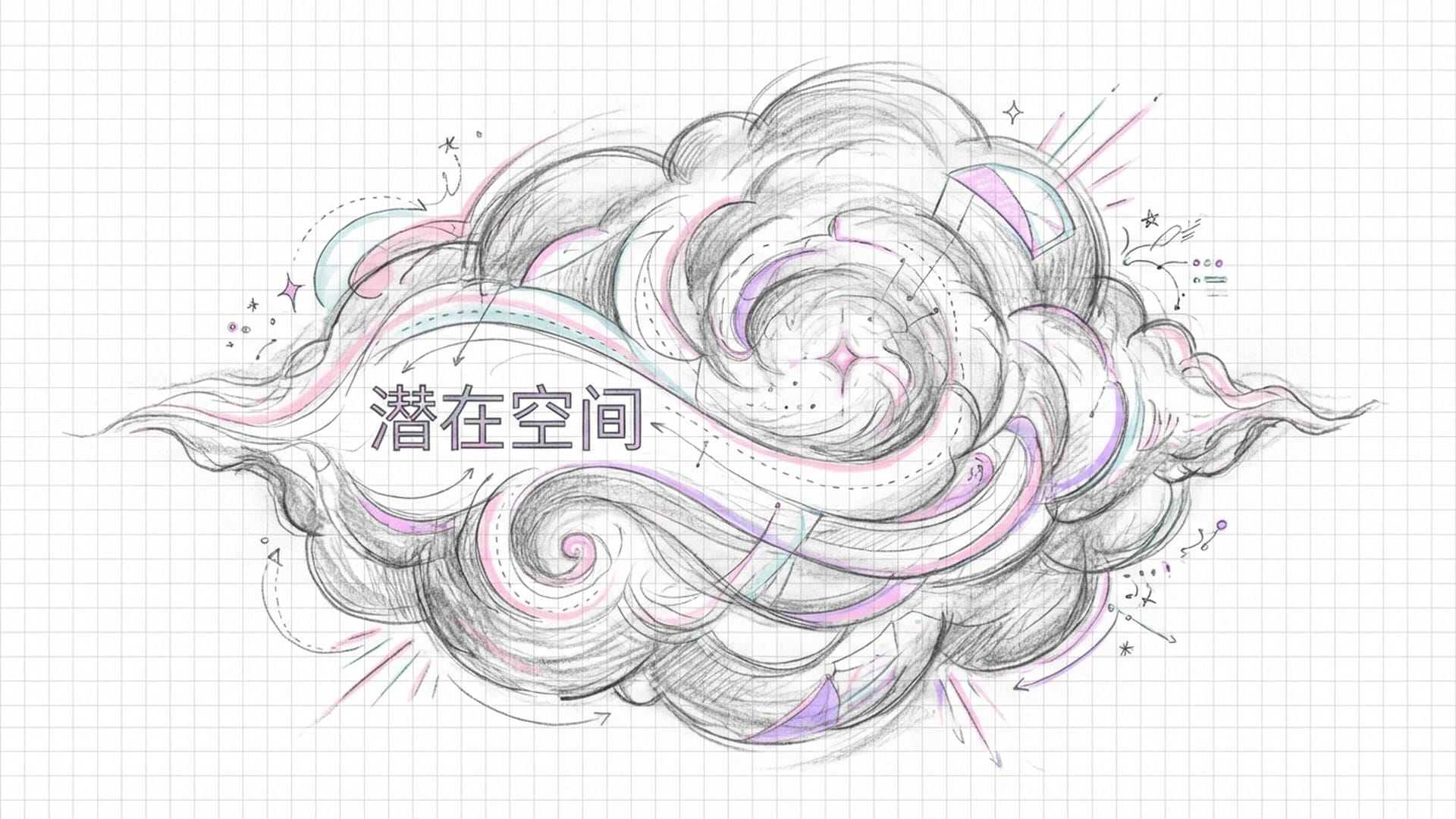 一片深邃的、漂浮着的彩色星云，象征着未坍缩的“潜在空间”，色彩梦幻且柔和。