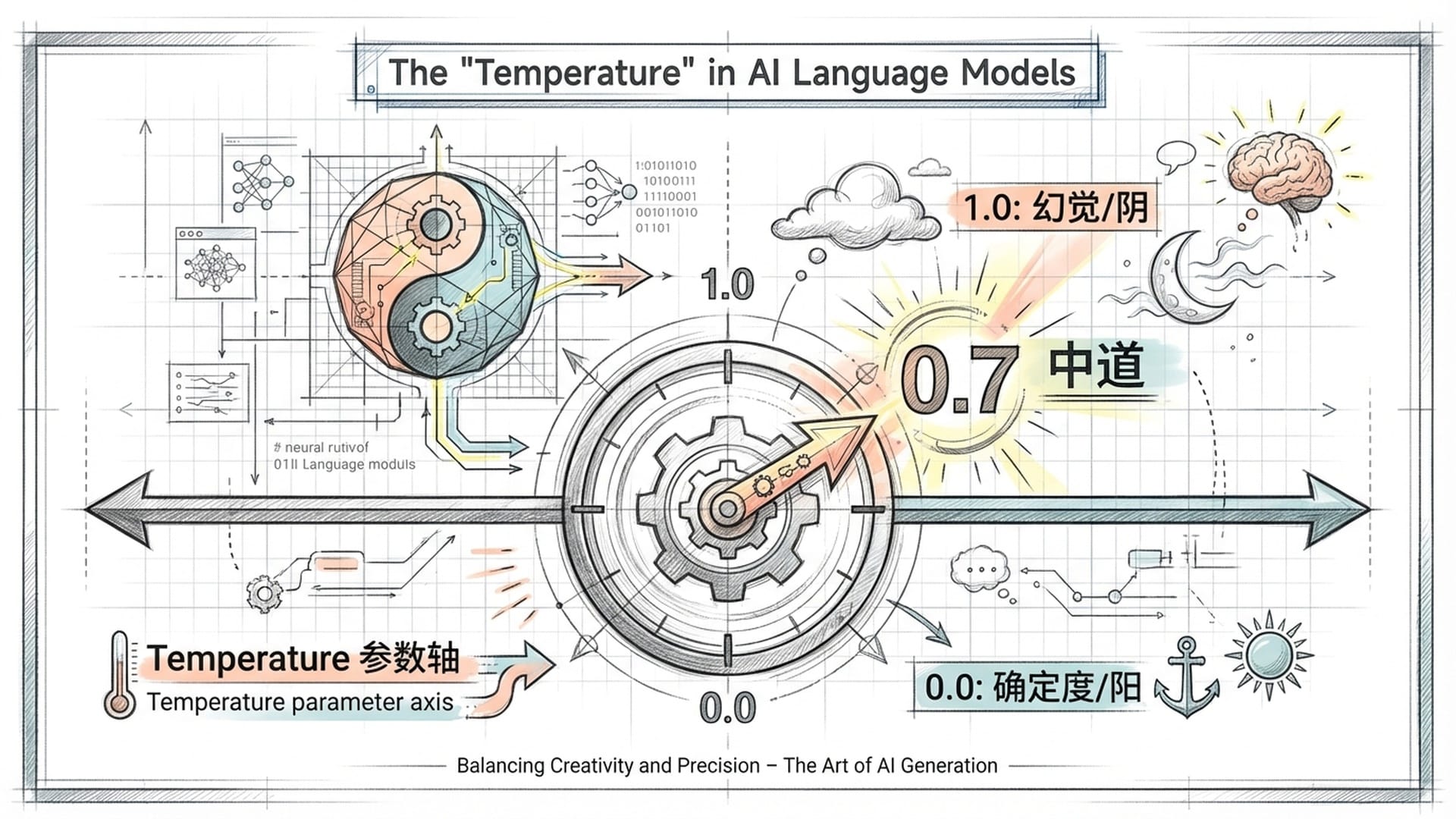 一个调节旋钮，刻度指向0.7，上方是阴阳太极图的现代化几何诠释。