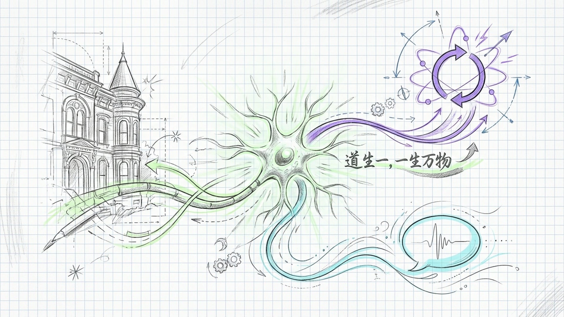 一个神经元发出三束光，分别连接着维多利亚建筑、量子自旋和抽象符号。