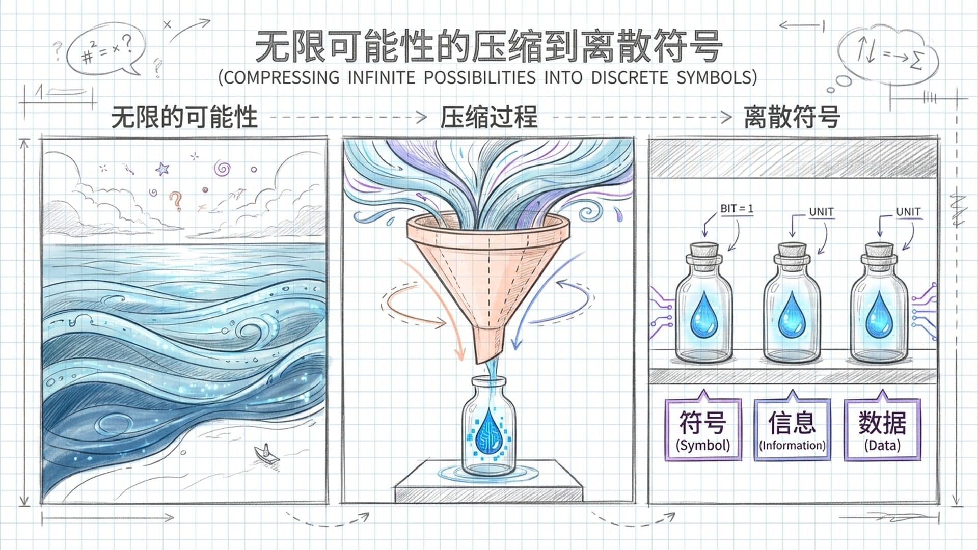 海洋被强行挤入一系列透明的小玻璃瓶中，每个瓶子里只有一滴蓝色的数字水流。