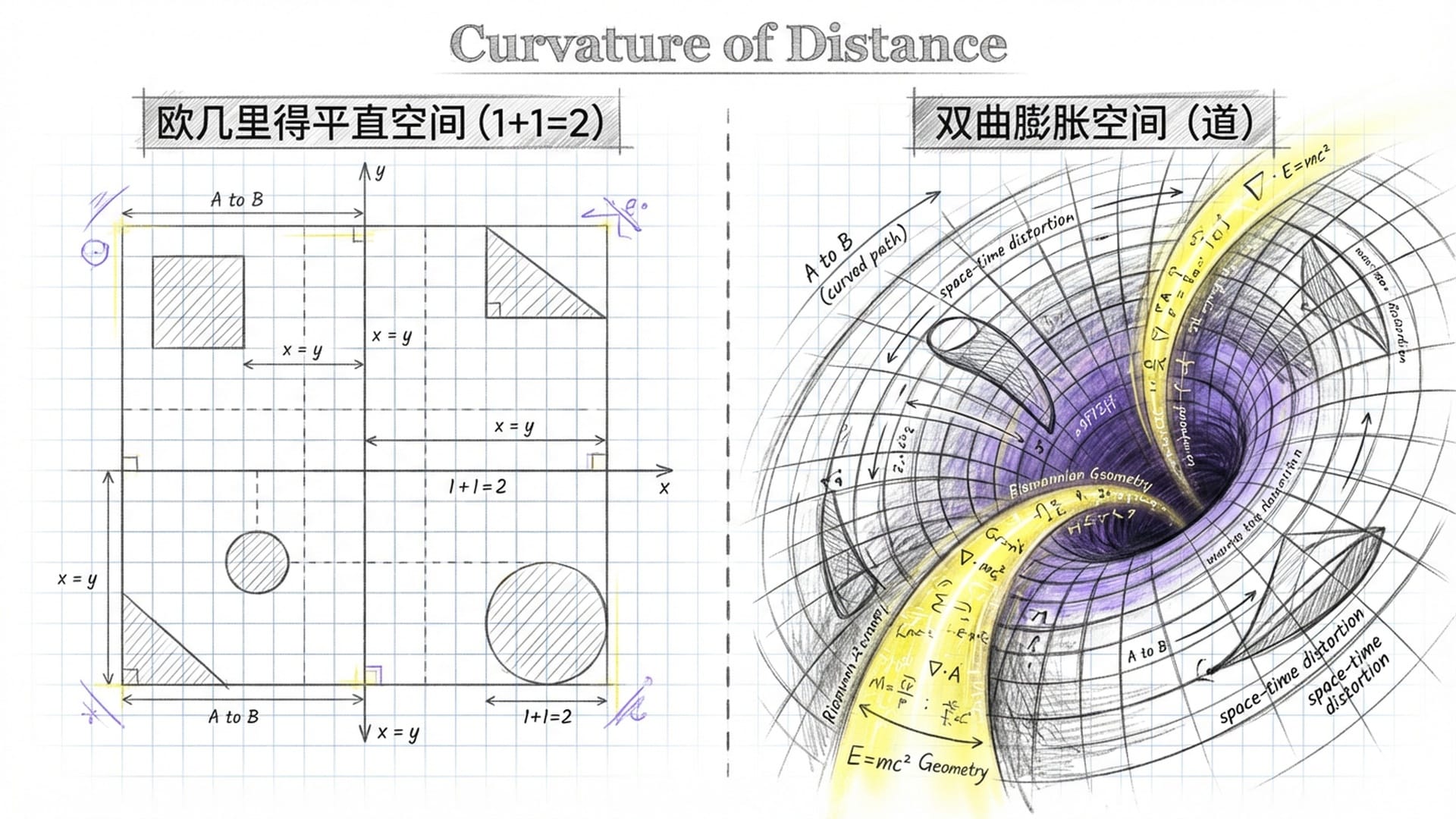 扭曲的空间网格，一侧平坦另一侧极度弯曲，如同数学公式吸引着周围的光线。