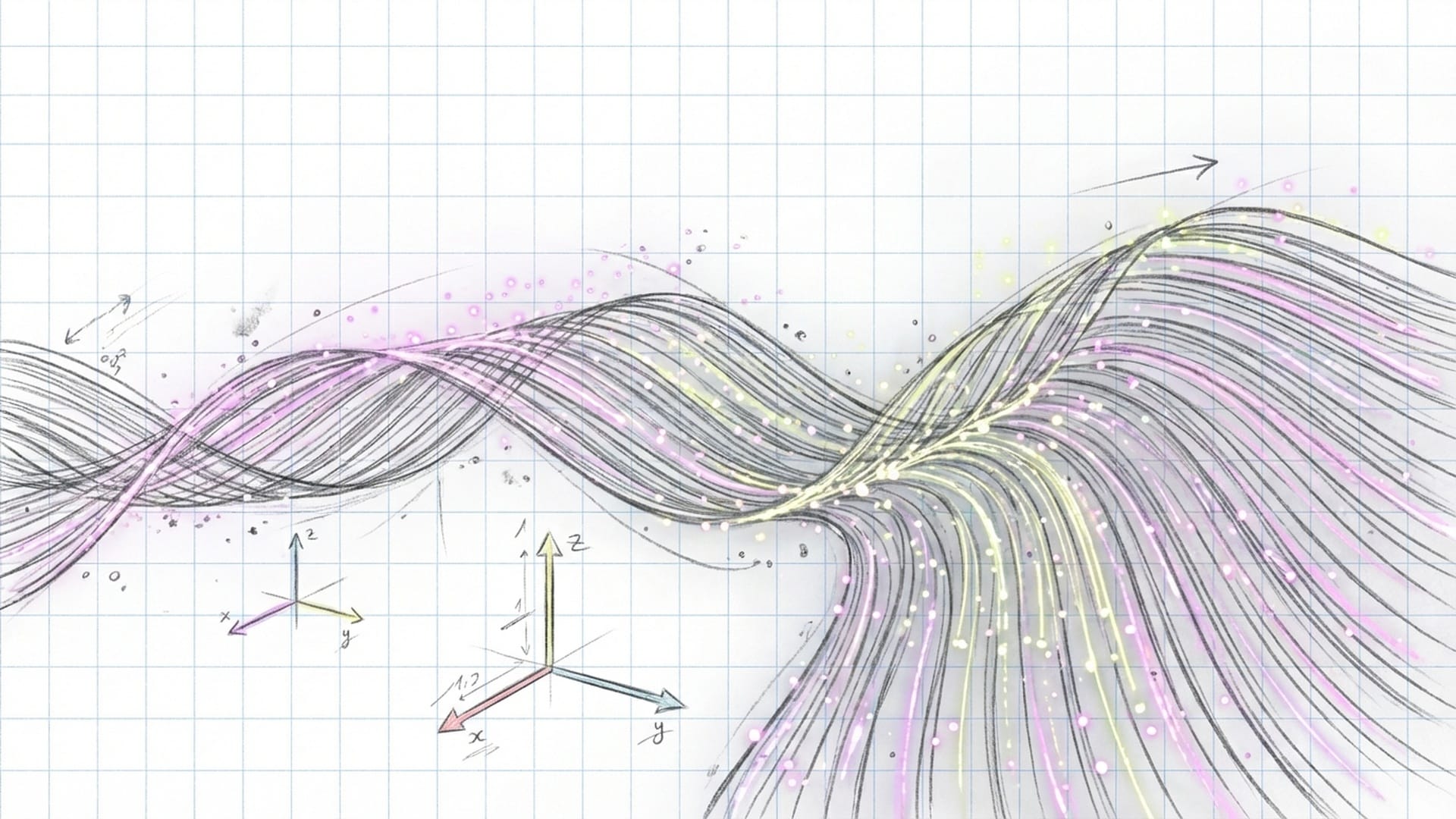 无限延伸的几何曲面，布满了发光的坐标点和流动的数字瀑布，展现一万两千维度的视觉概念。