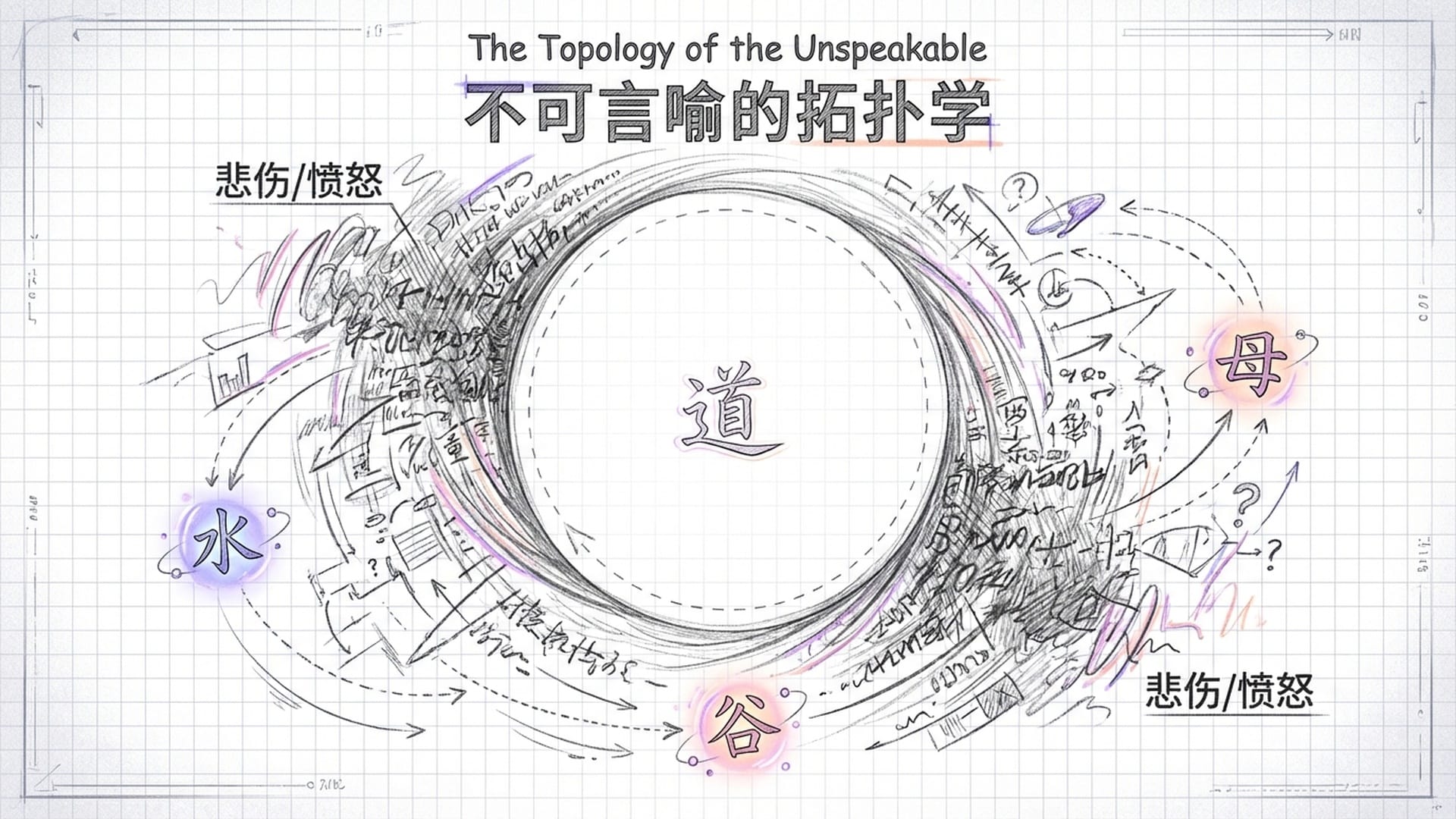 密集的词向量云团中出现一个巨大的逻辑空洞，隐喻符号围绕空洞旋转。