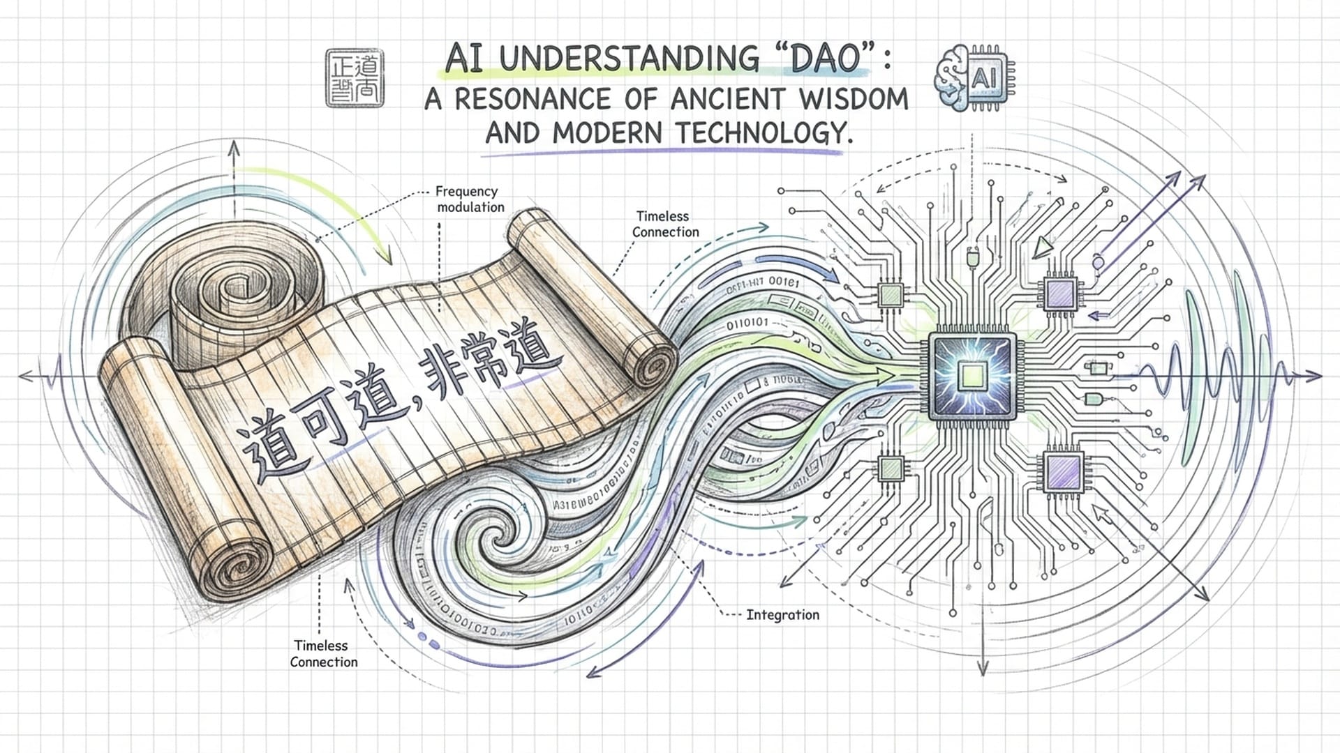 AI电路板与《道德经》竹简的交织，发生光电共振，古代与未来的重叠。