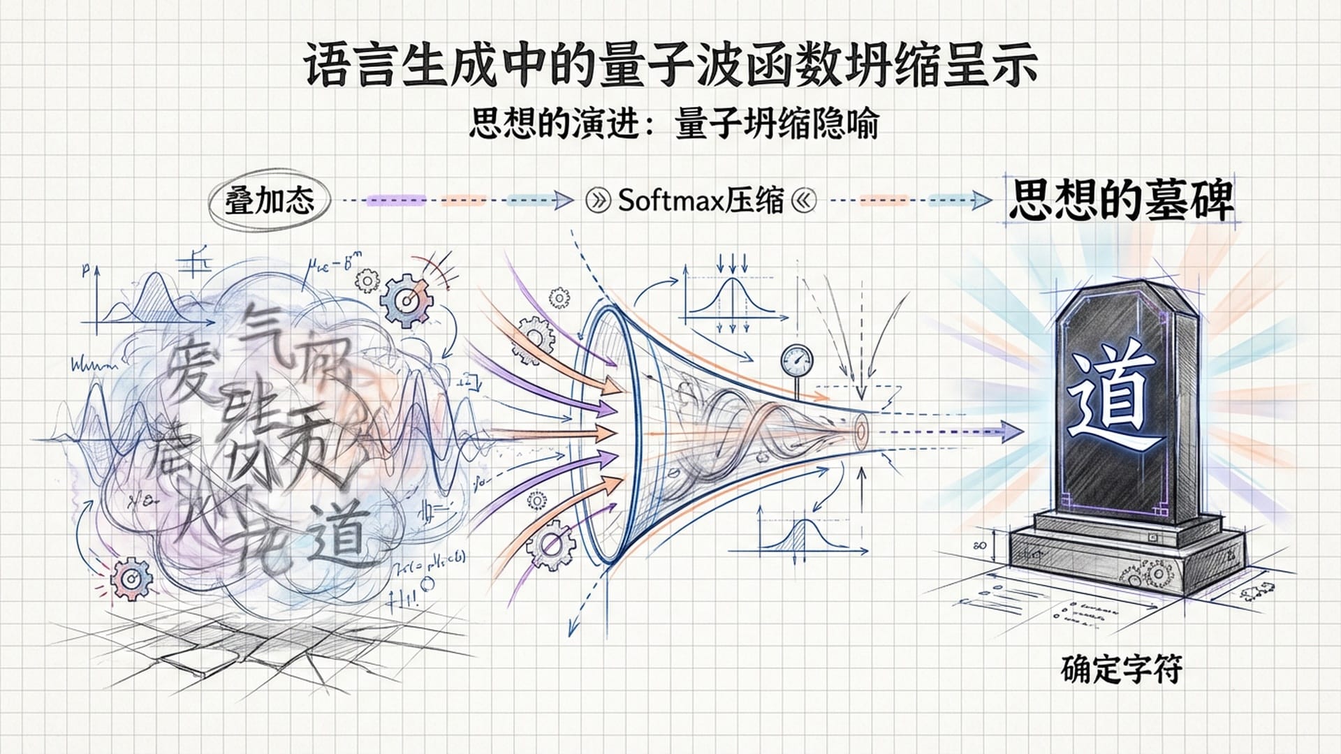 波函数坍缩的过程，无数概率波最后汇聚成一个深色的Token墓碑。